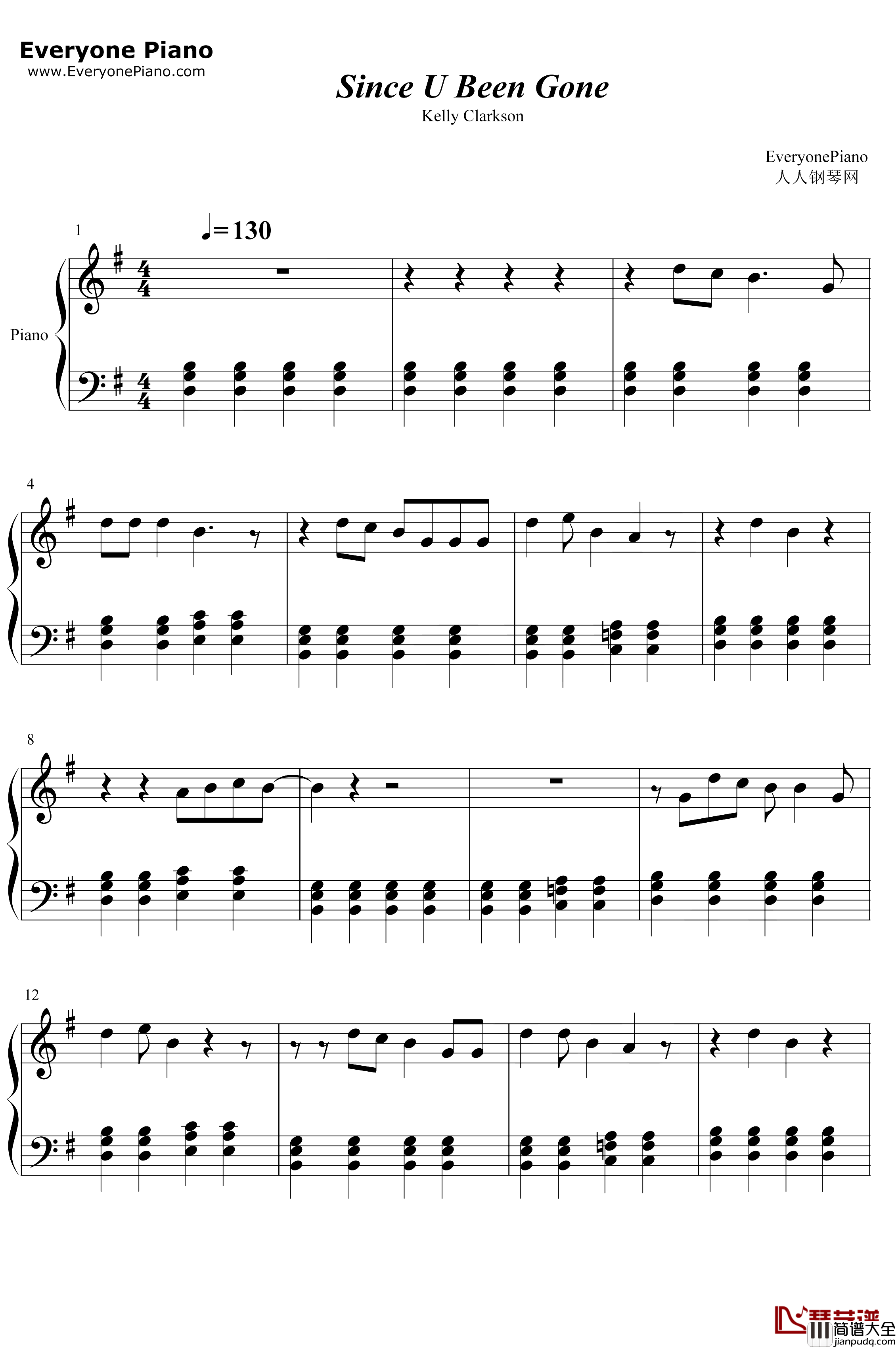 SinceUBeenGone钢琴谱_KellyClarkson