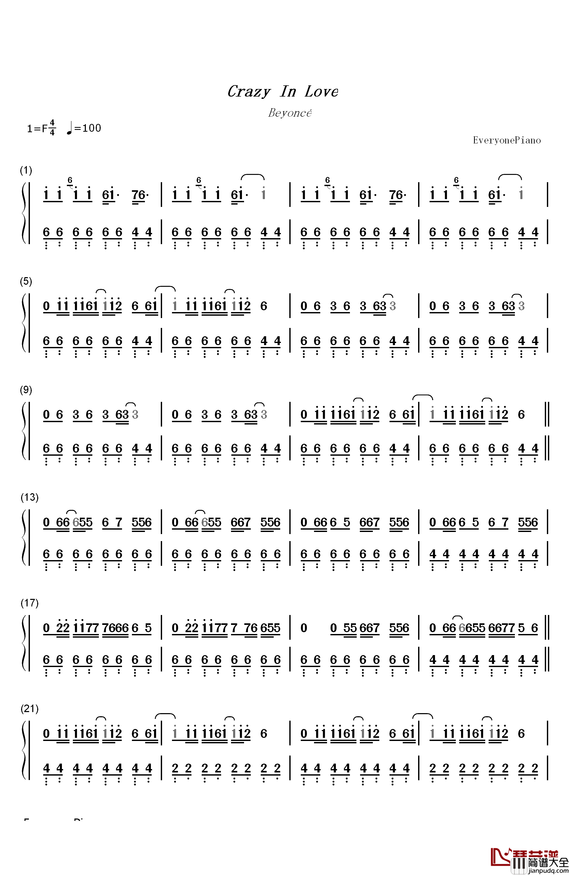Crazy_in_Love钢琴简谱_数字双手_Beyoncé