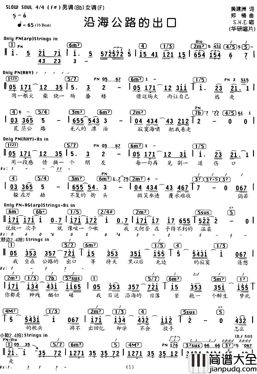 沿海公路的出口简谱_编配乐谱S.H.E._