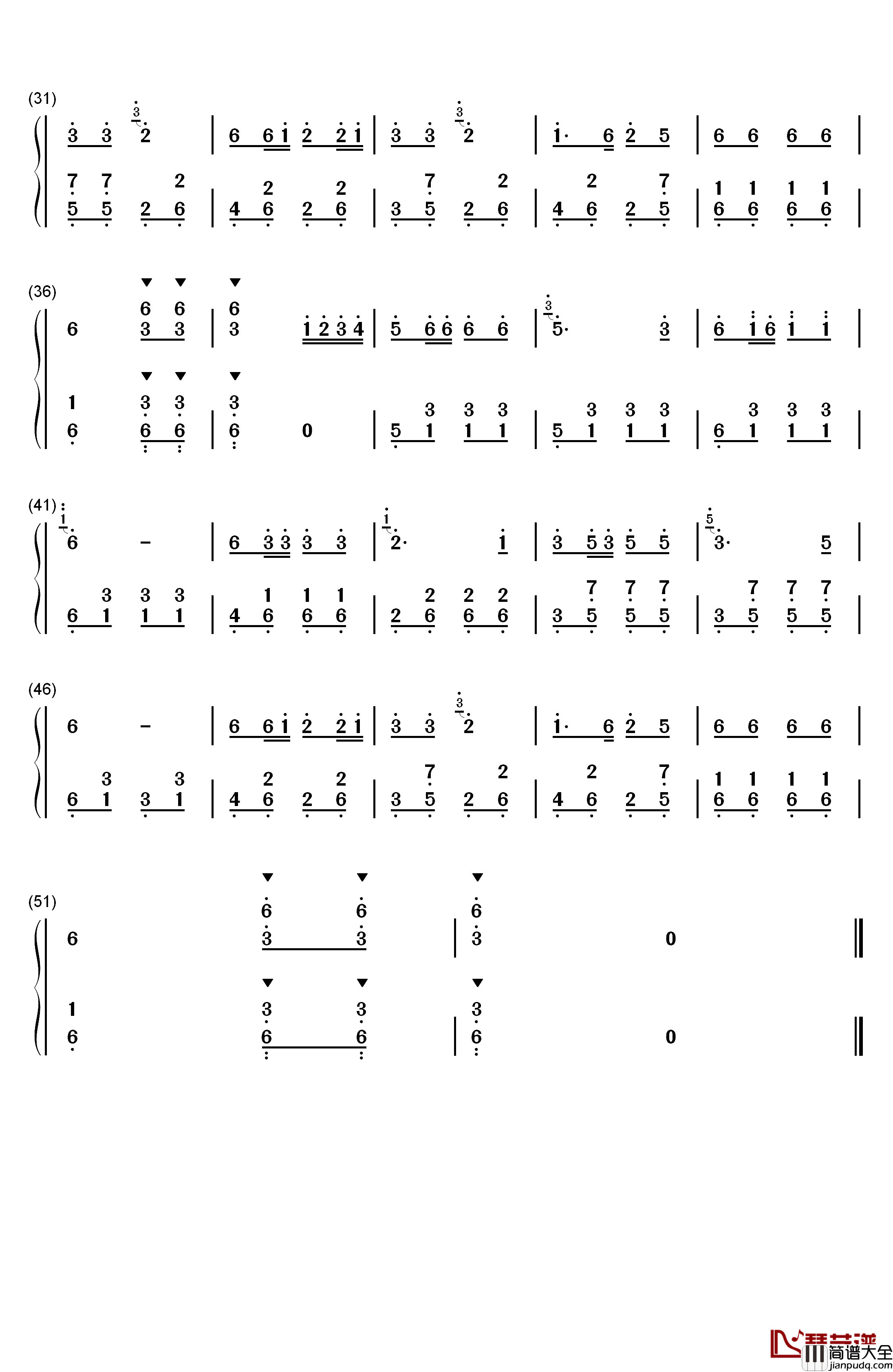天黑黑钢琴简谱_数字双手_邓丽君