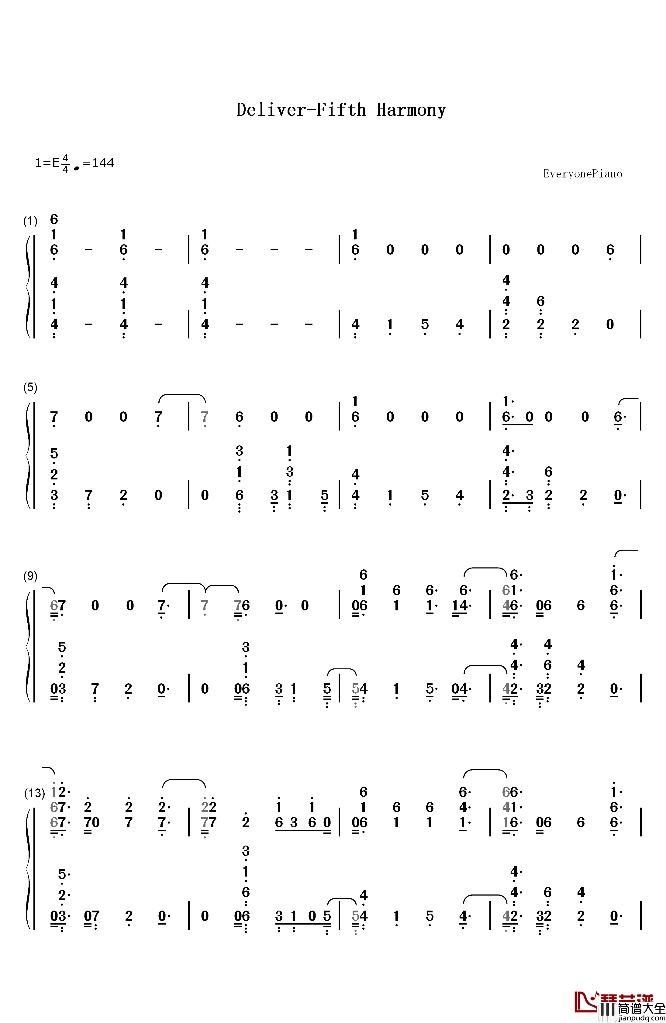 Deliver钢琴简谱_数字双手_Fifth_Harmony