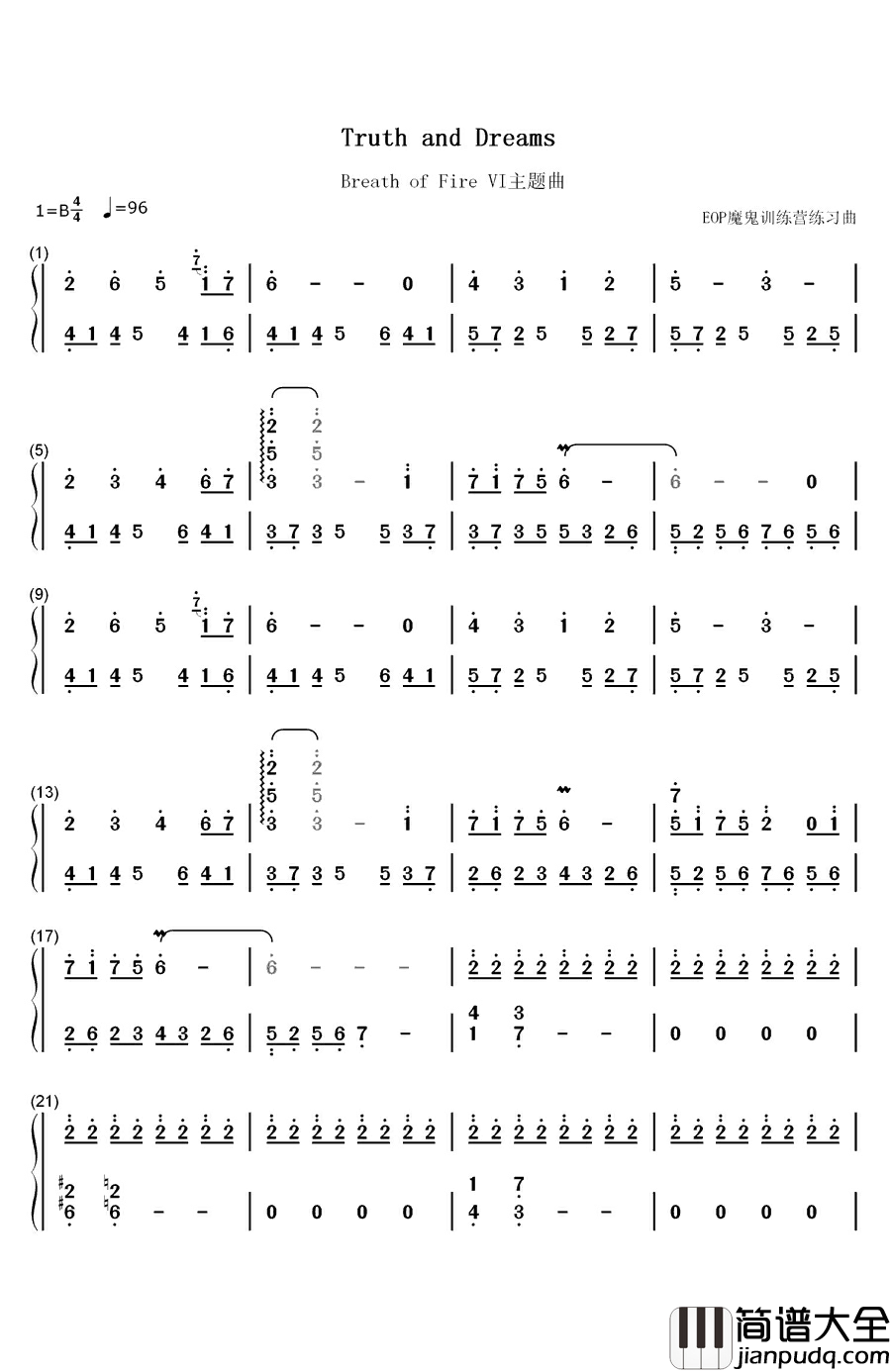 Truth_and_Dreams钢琴简谱_数字双手_青木_佳乃