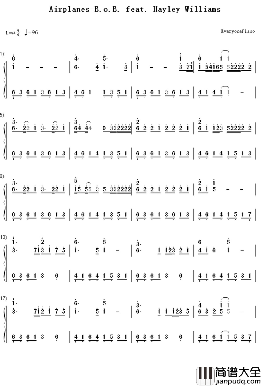 Airplanes钢琴简谱_数字双手_B.o.B._feat._Hayley_Williams