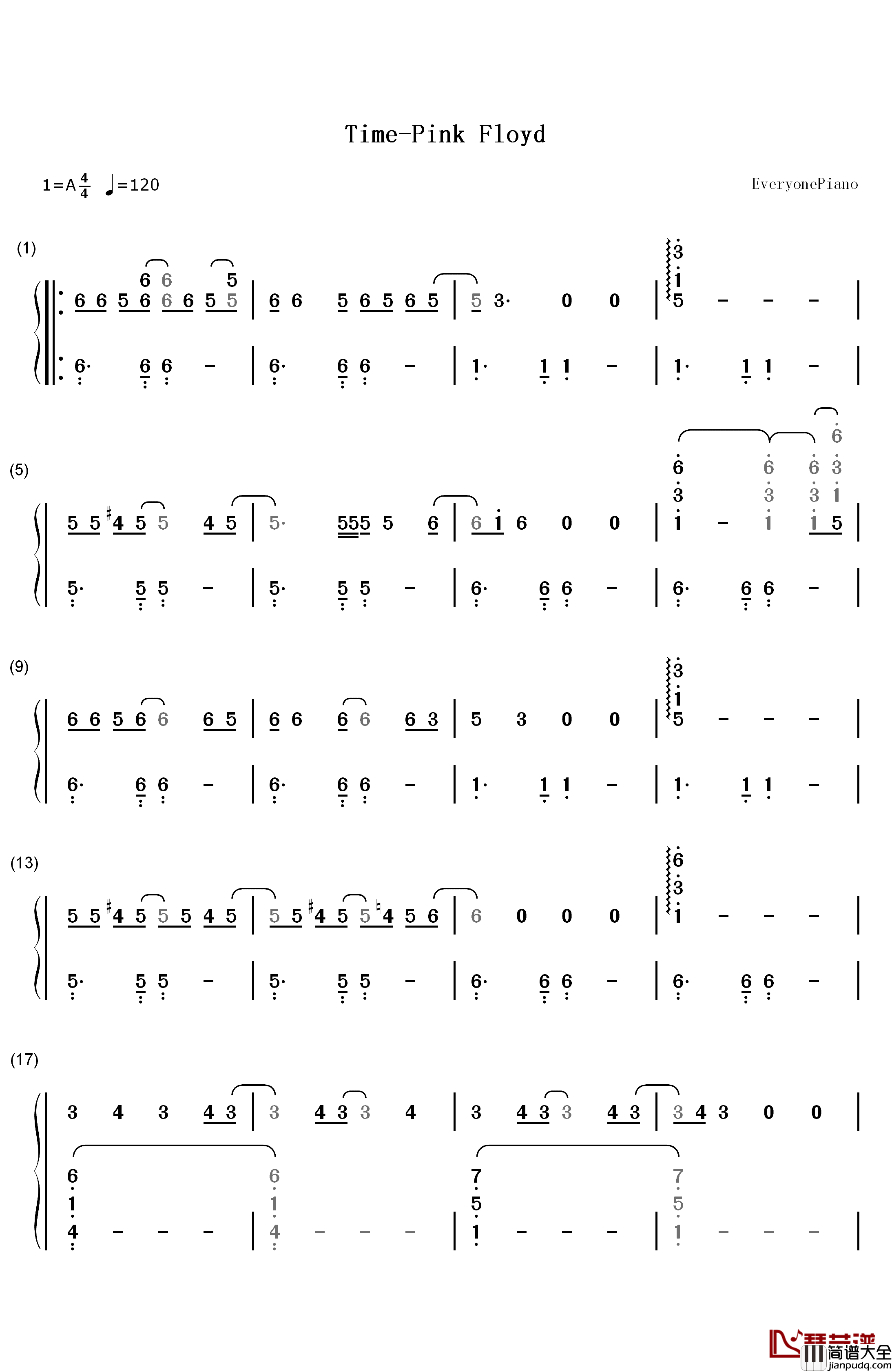 Time钢琴简谱_数字双手_Pink_Floyd