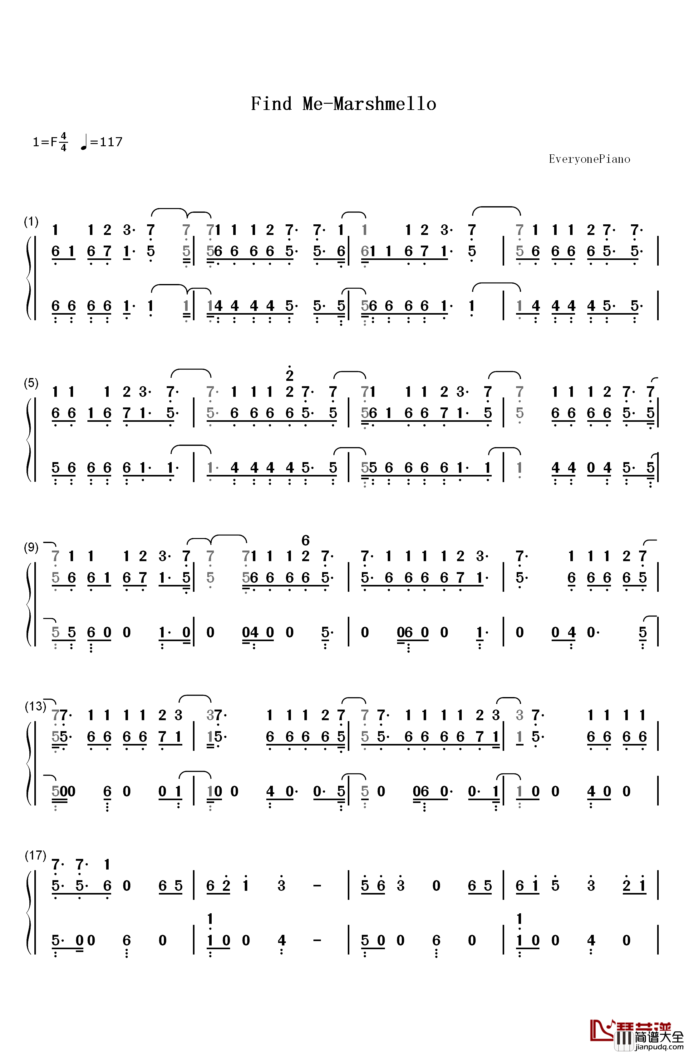 Find_Me钢琴简谱_数字双手_Marshmello