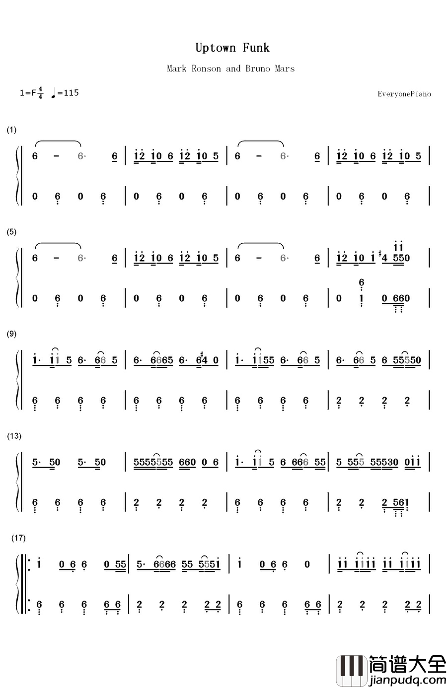 Uptown_Funk钢琴简谱_数字双手_Mark_Ronson_&_Bruno_Mars