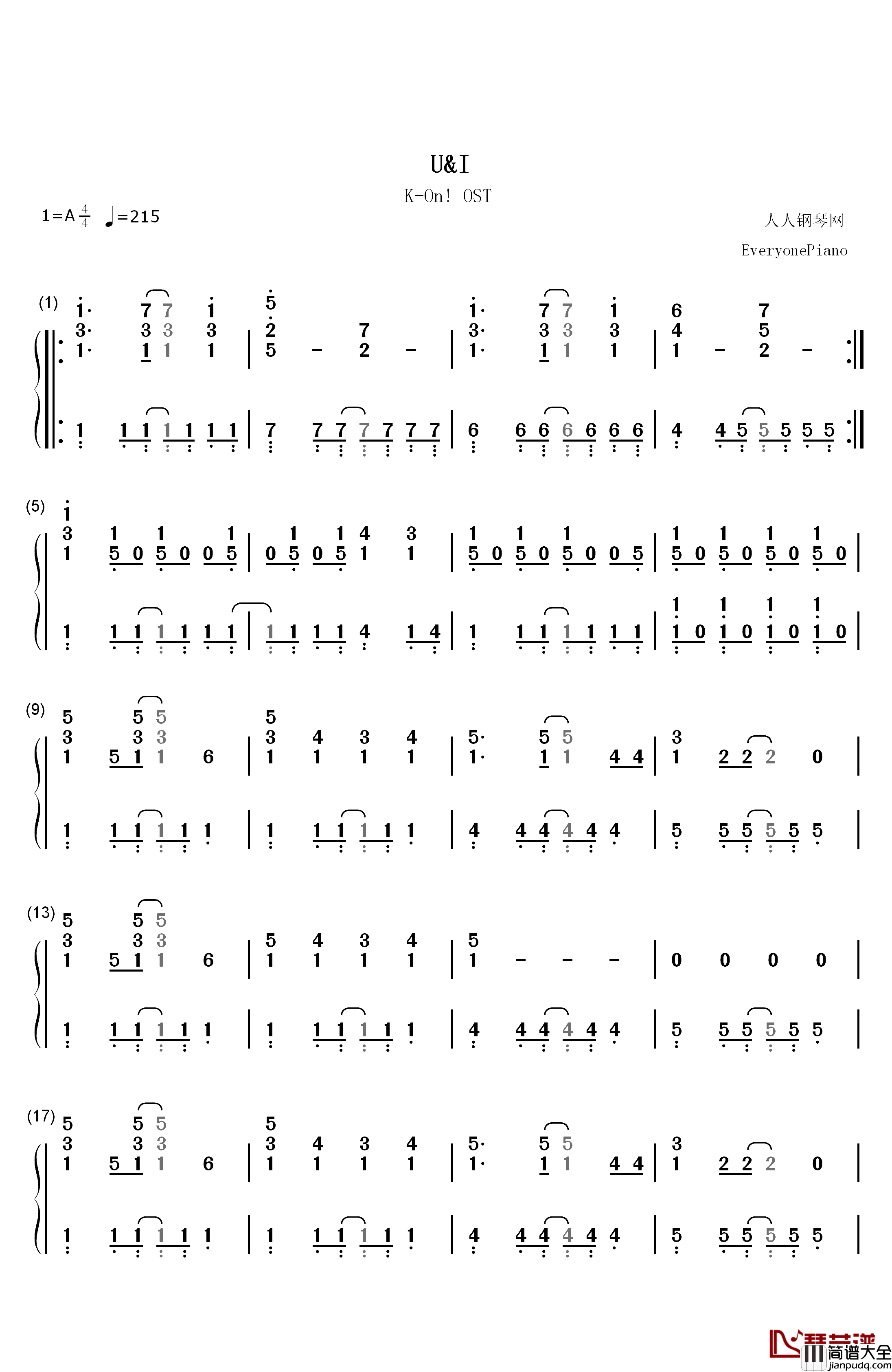 U&I钢琴简谱_数字双手_平泽唯