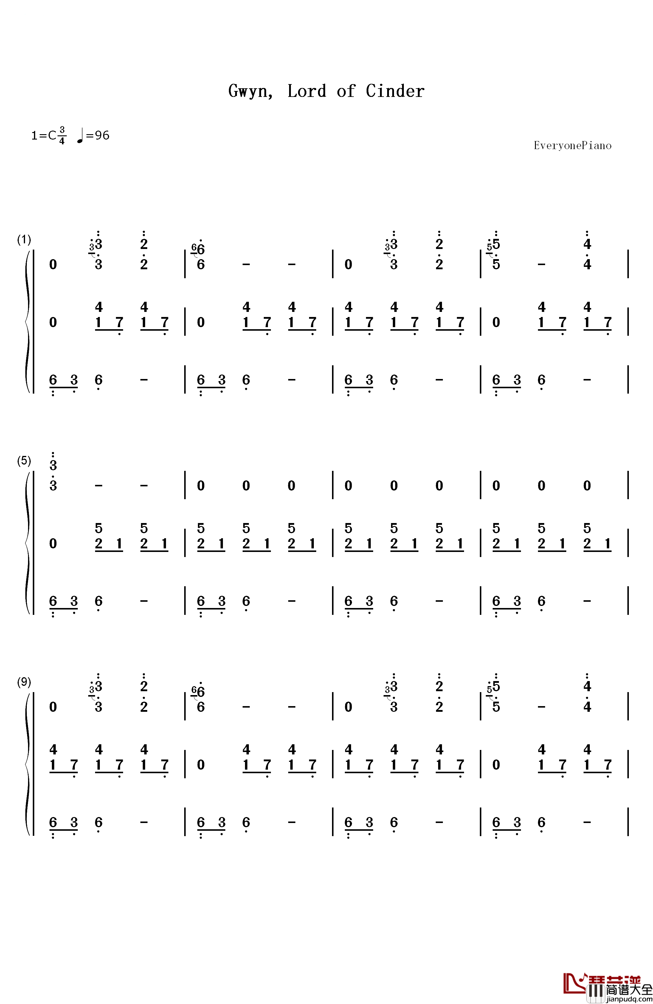 Gwyn_Lord_of_Cinder钢琴简谱_数字双手_樱庭统