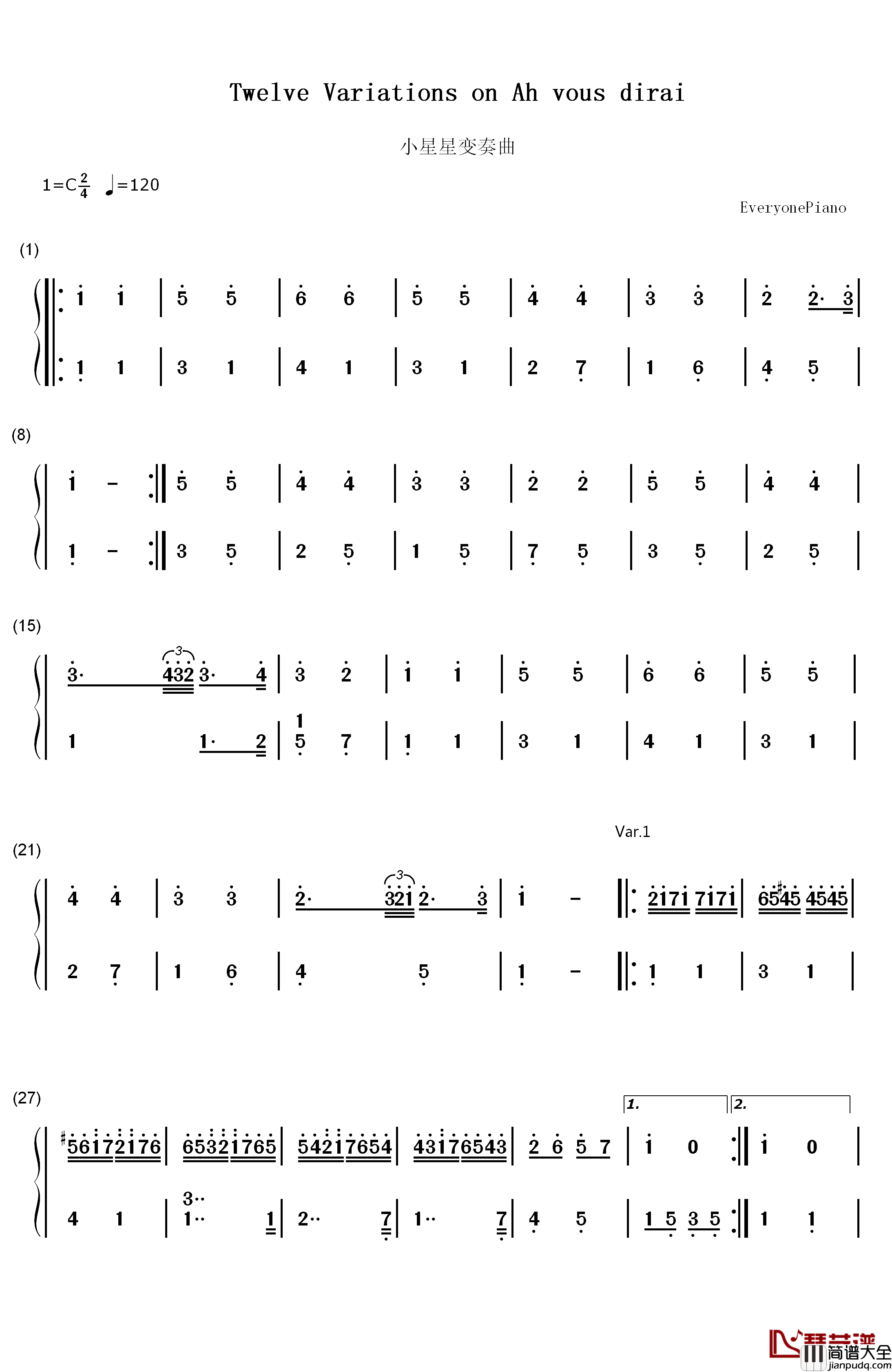 小星星变奏曲钢琴简谱_数字双手_莫扎特