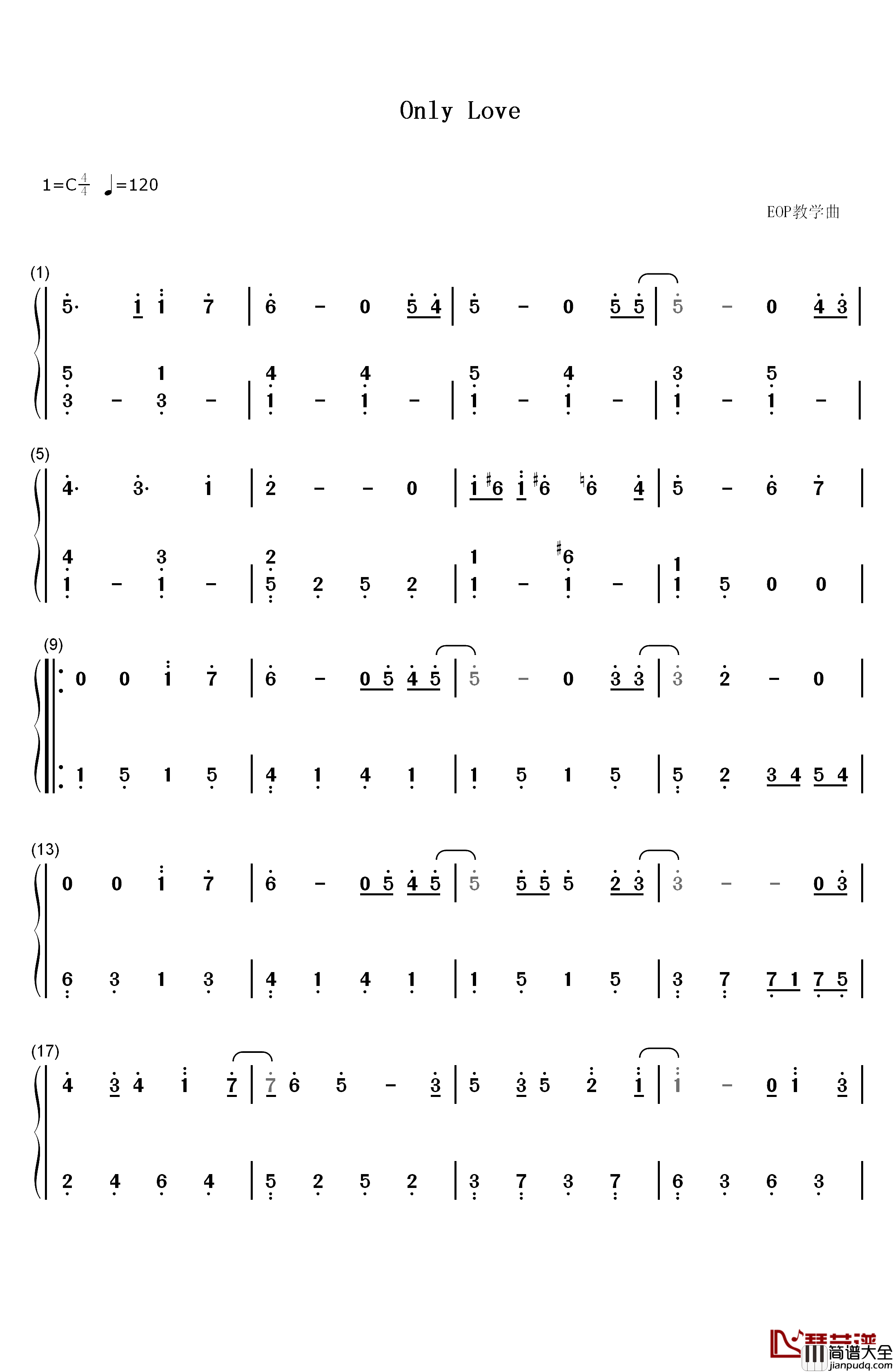 Only_Love钢琴简谱_数字双手_Trademark