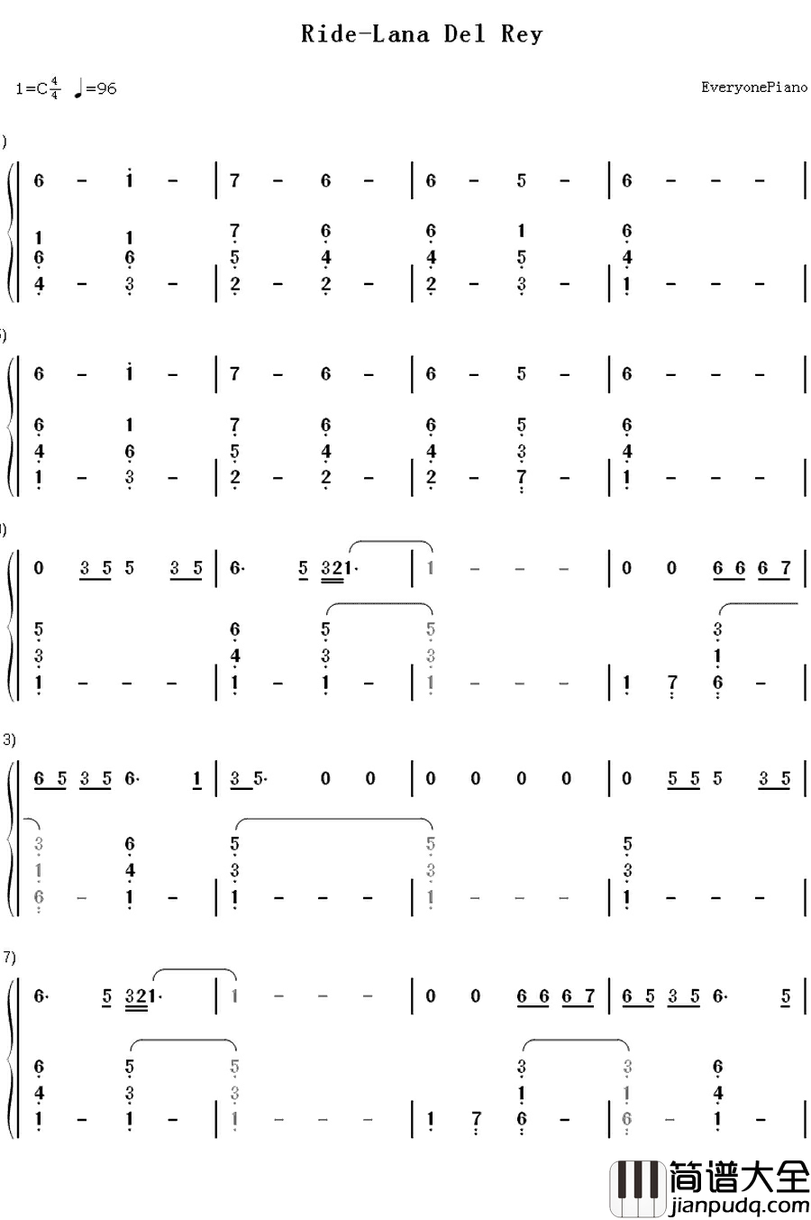 Ride钢琴简谱_数字双手_Lana_Del_Rey