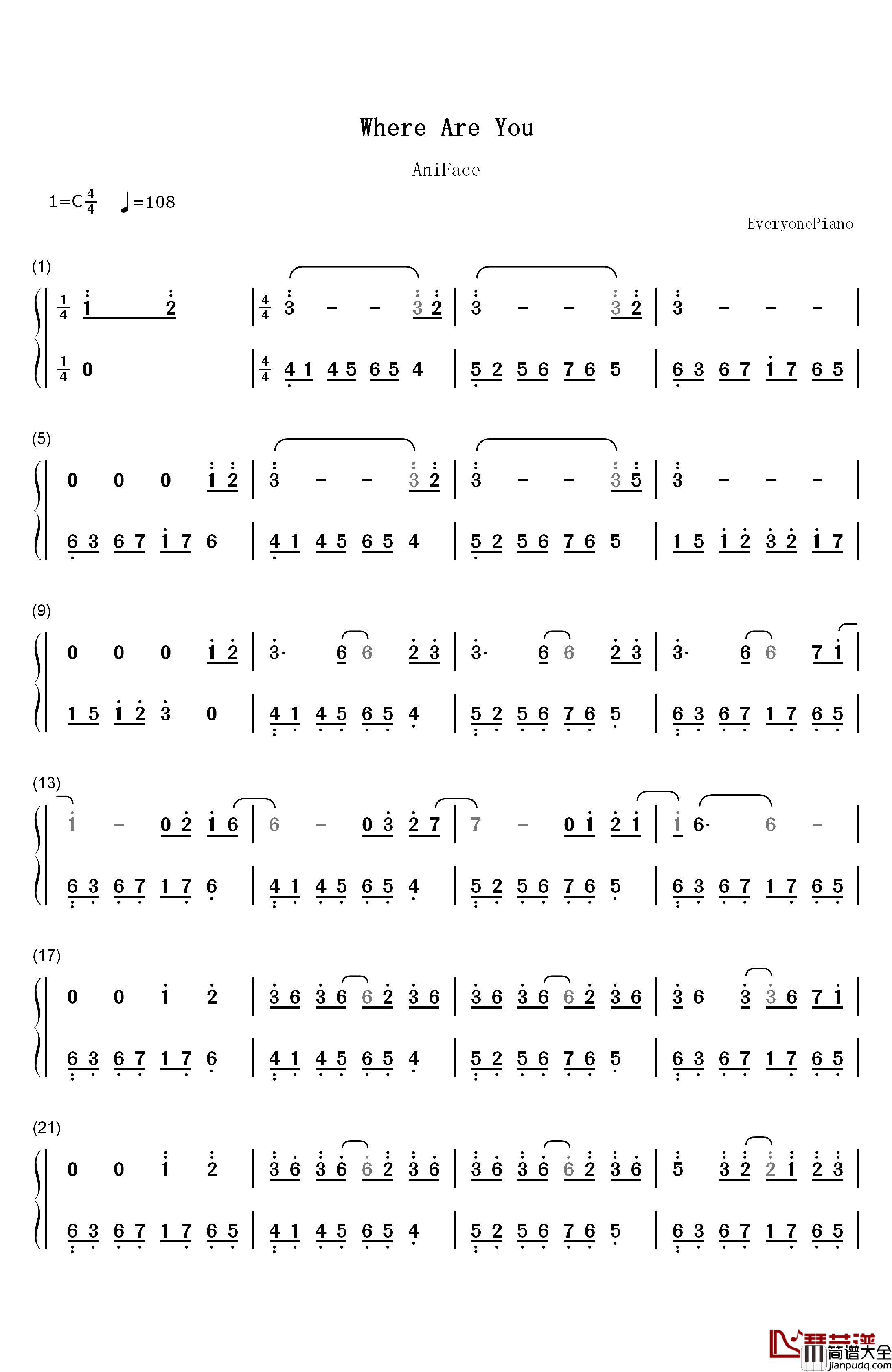 Where_Are_You钢琴简谱_数字双手_AniFace