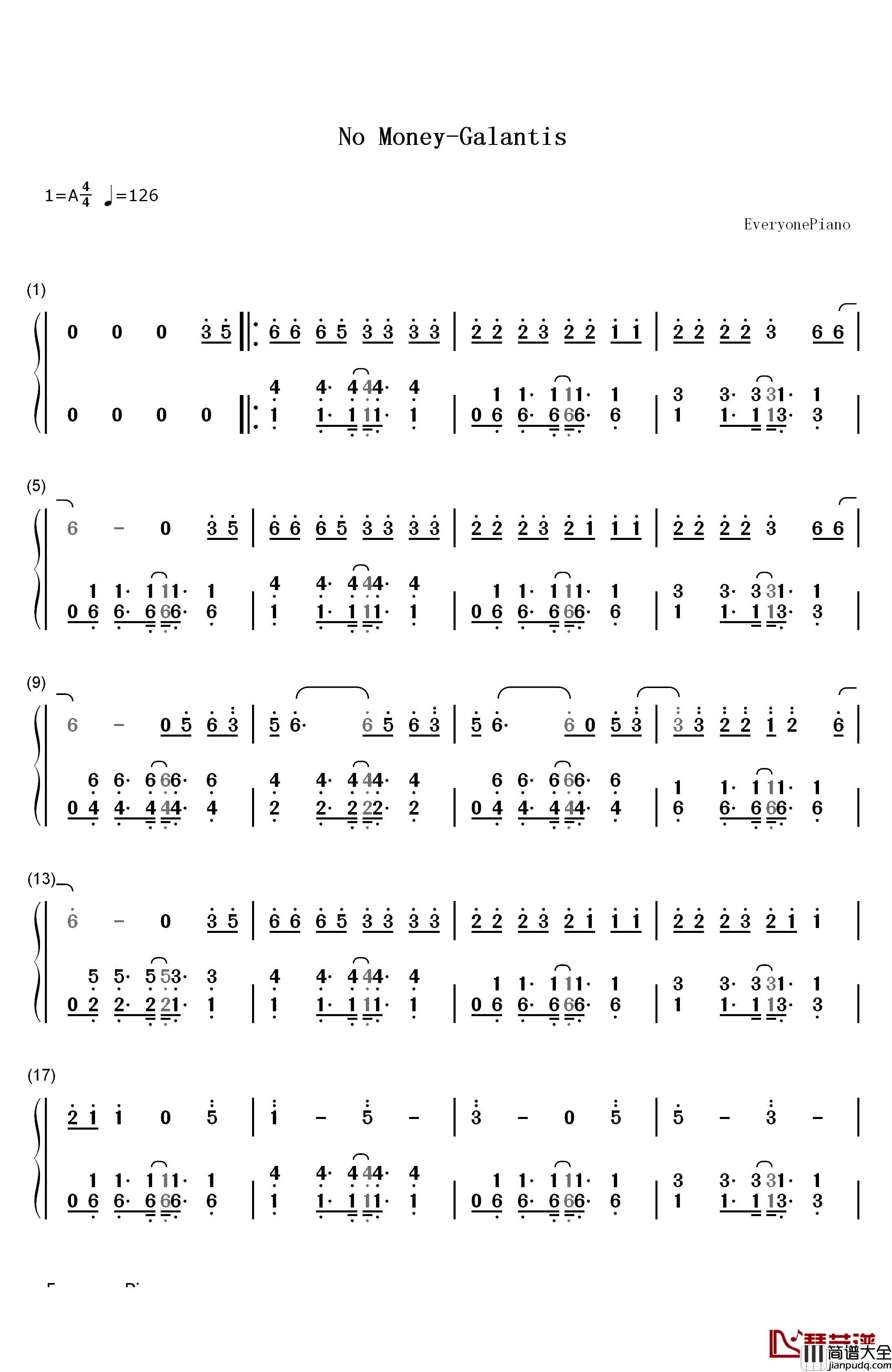 No_Money钢琴简谱_数字双手_Galantis