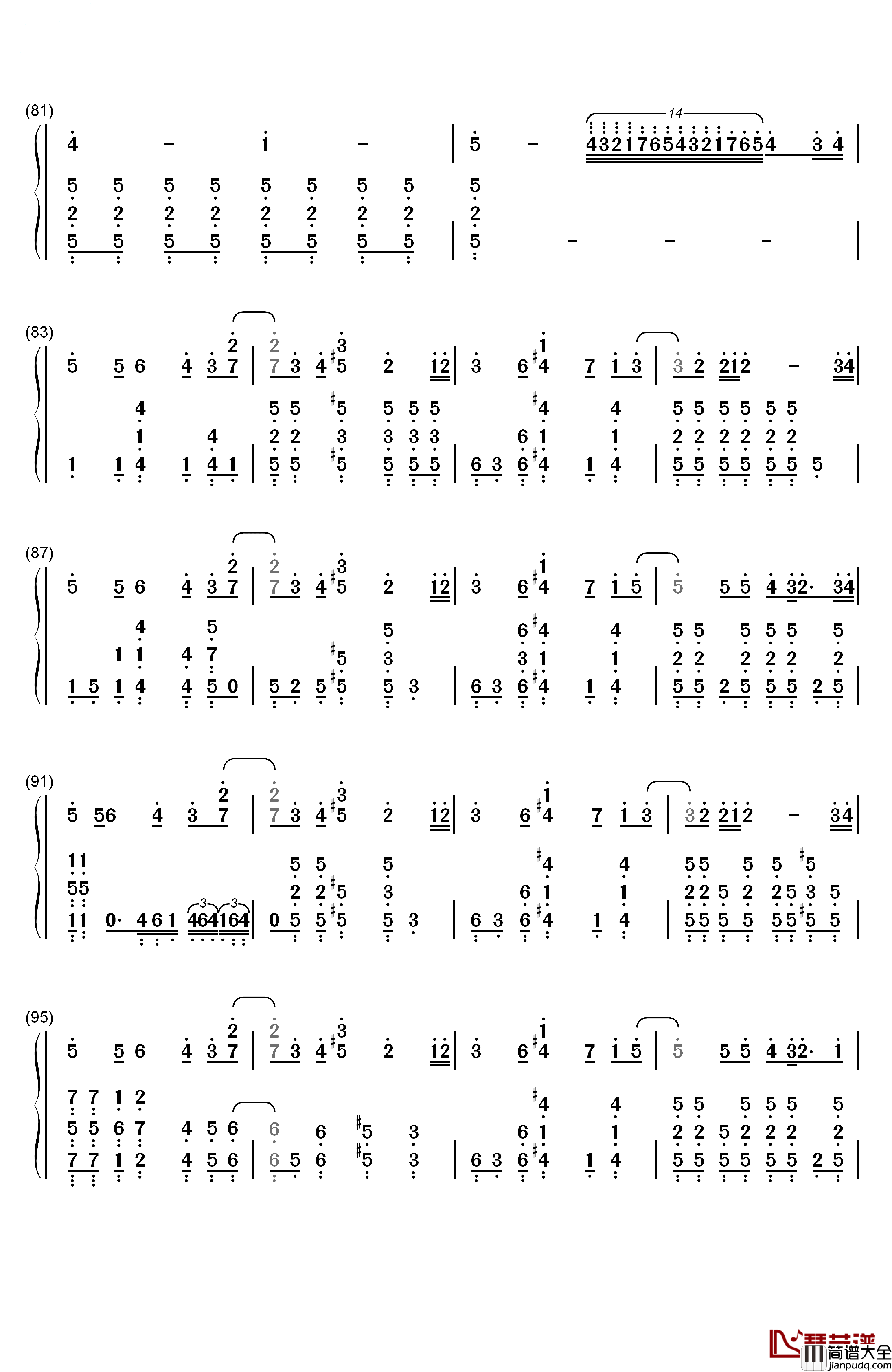 果てない空钢琴简谱_数字双手_岚
