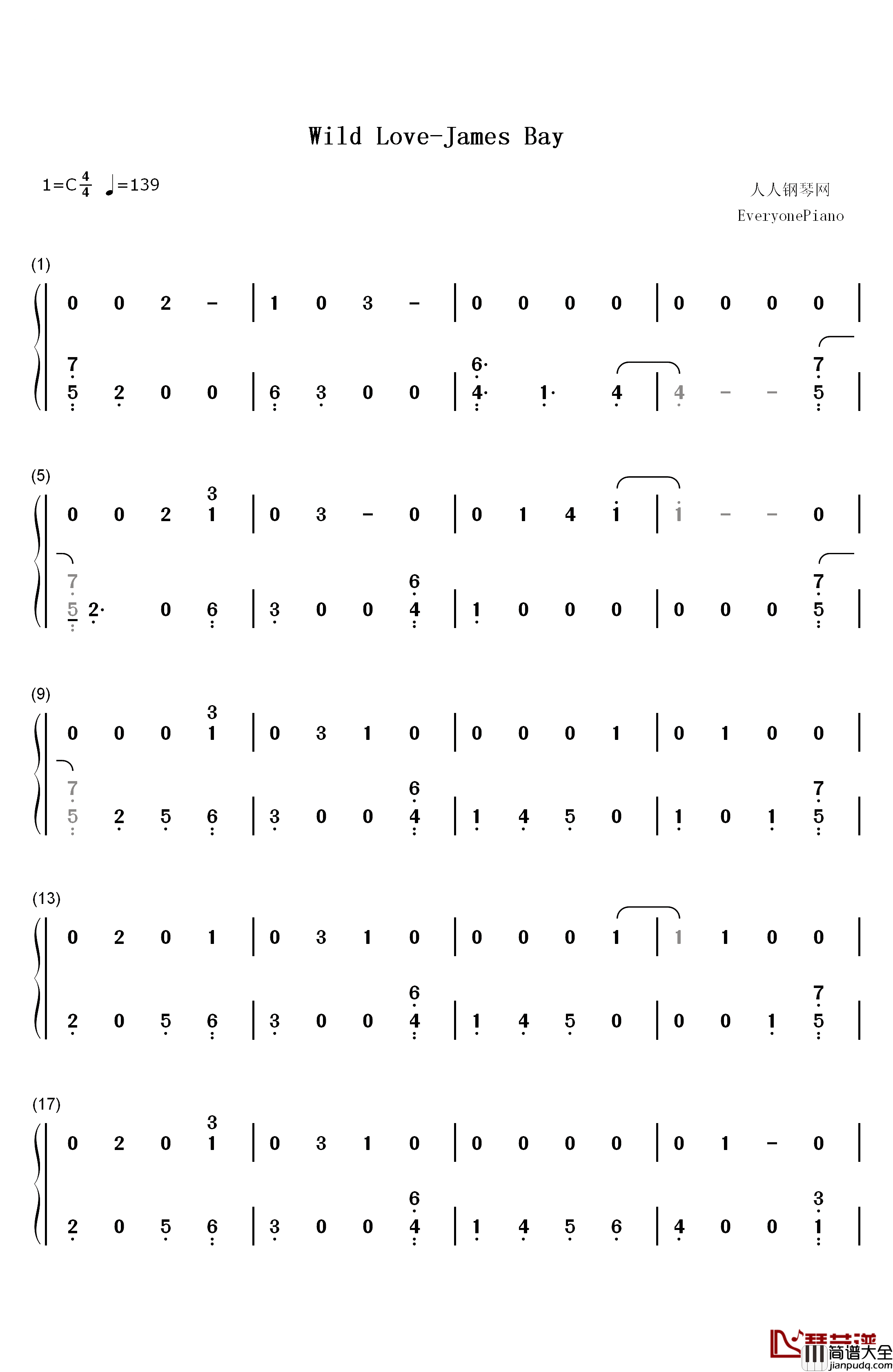 Wild_Love钢琴简谱_数字双手_James_Bay