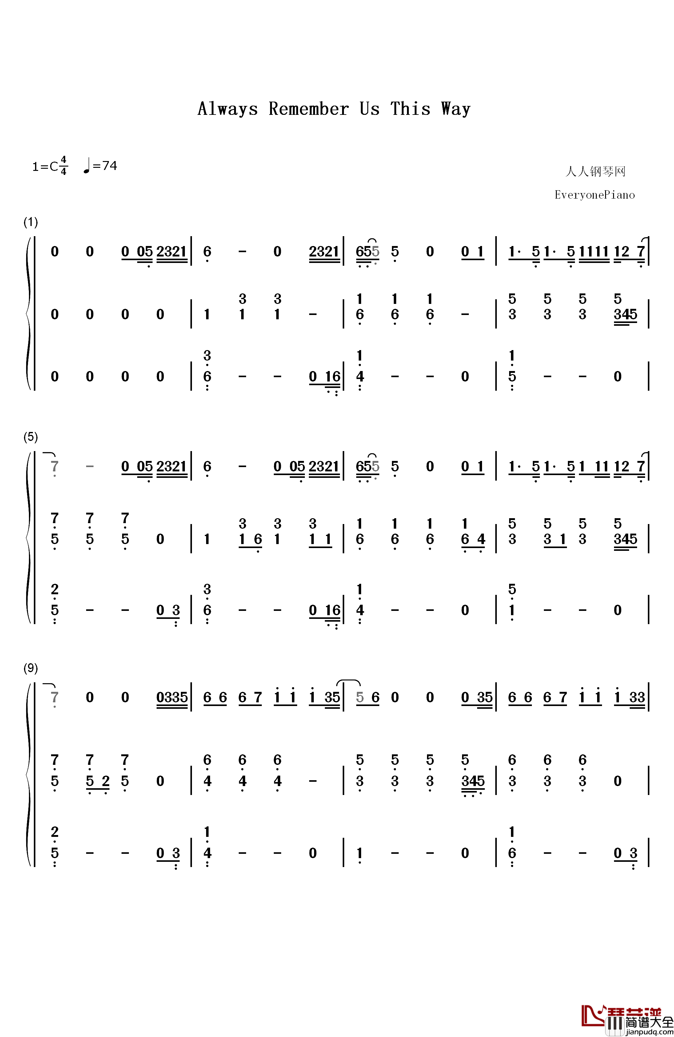 Always_Remember_Us_This_Way钢琴简谱_数字双手_Lady_Gaga