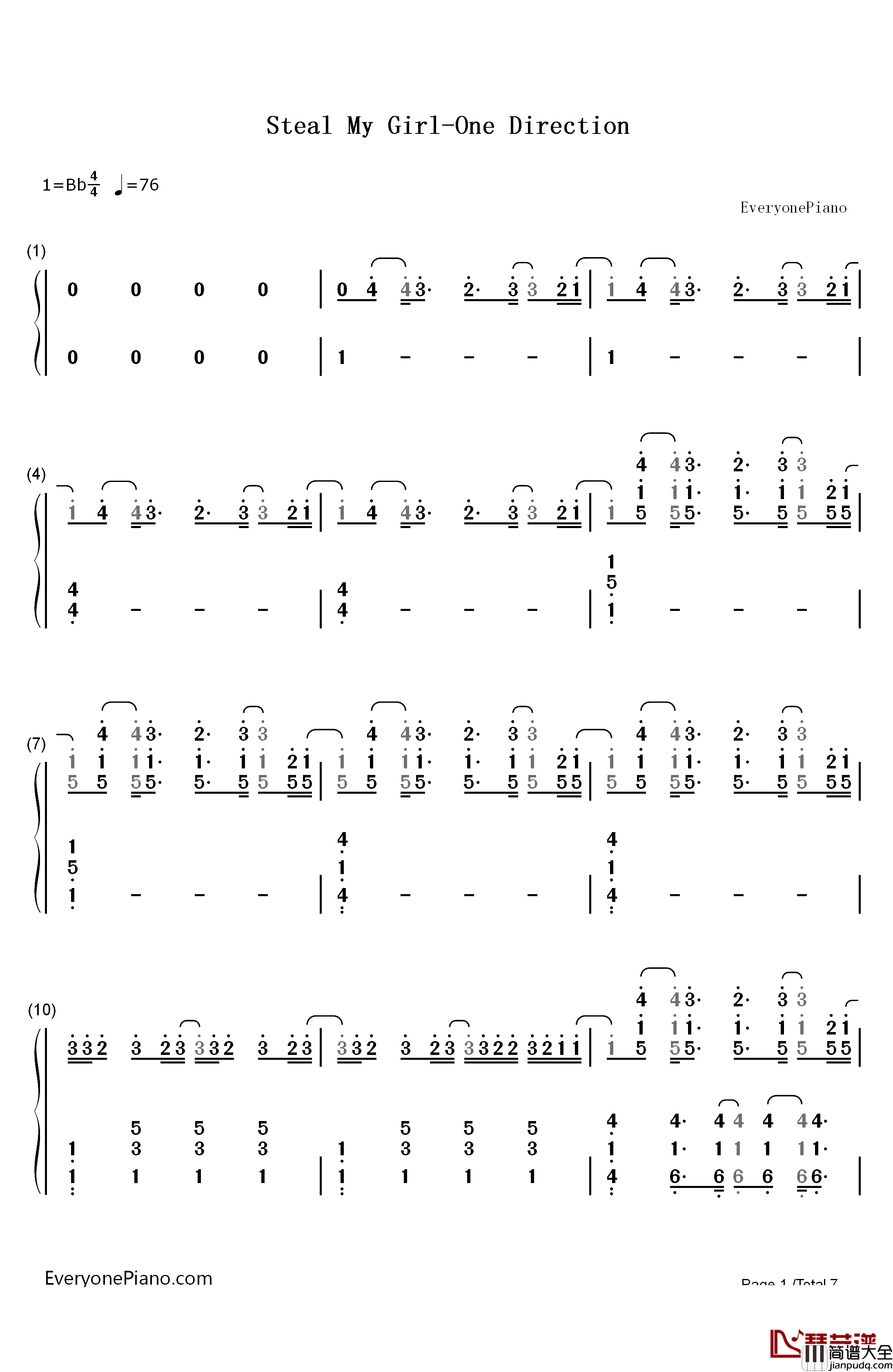 Steal_My_Girl钢琴简谱_数字双手_One_Direction
