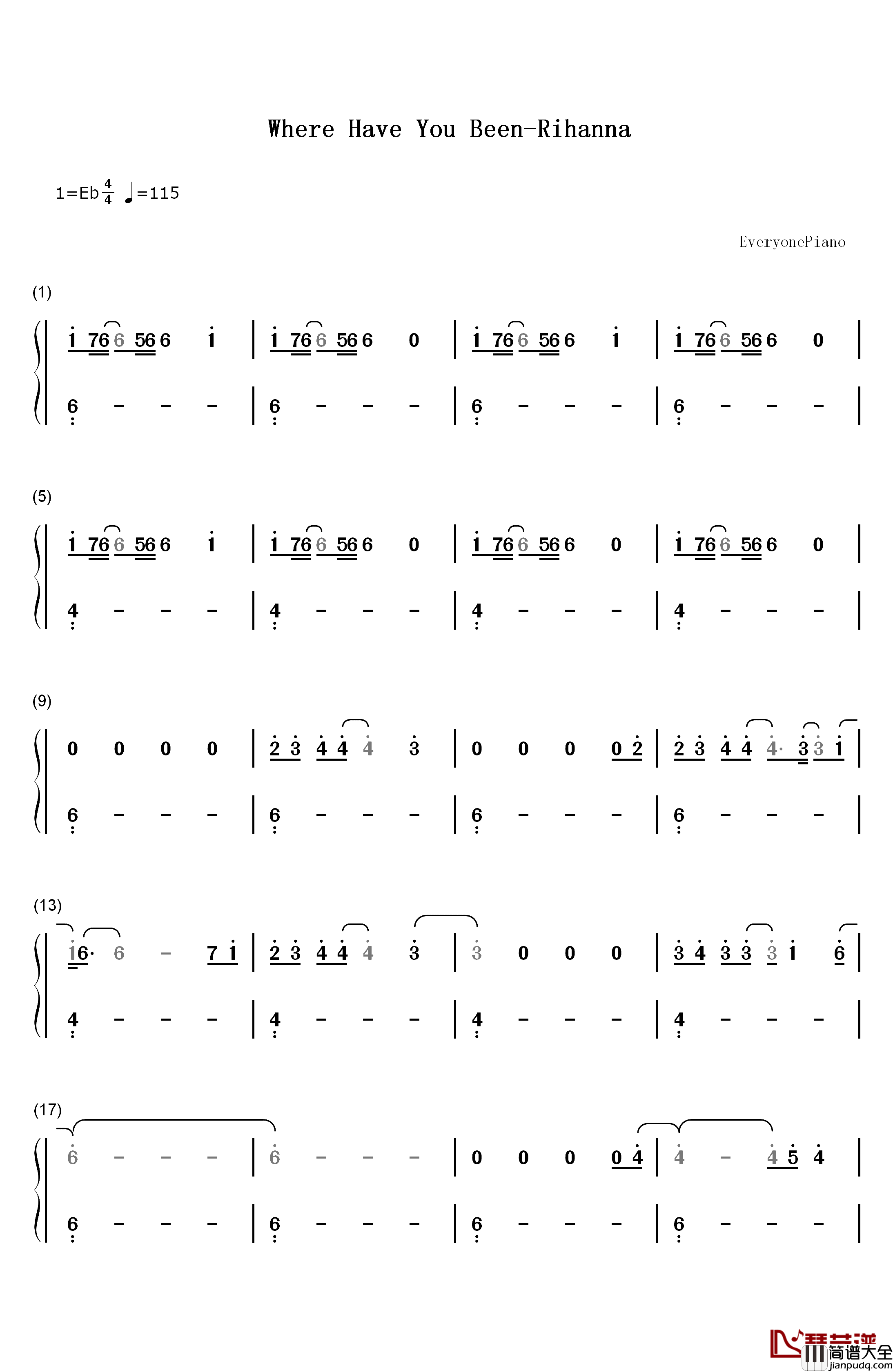 Where_Have_You_Been钢琴简谱_数字双手_Rihanna