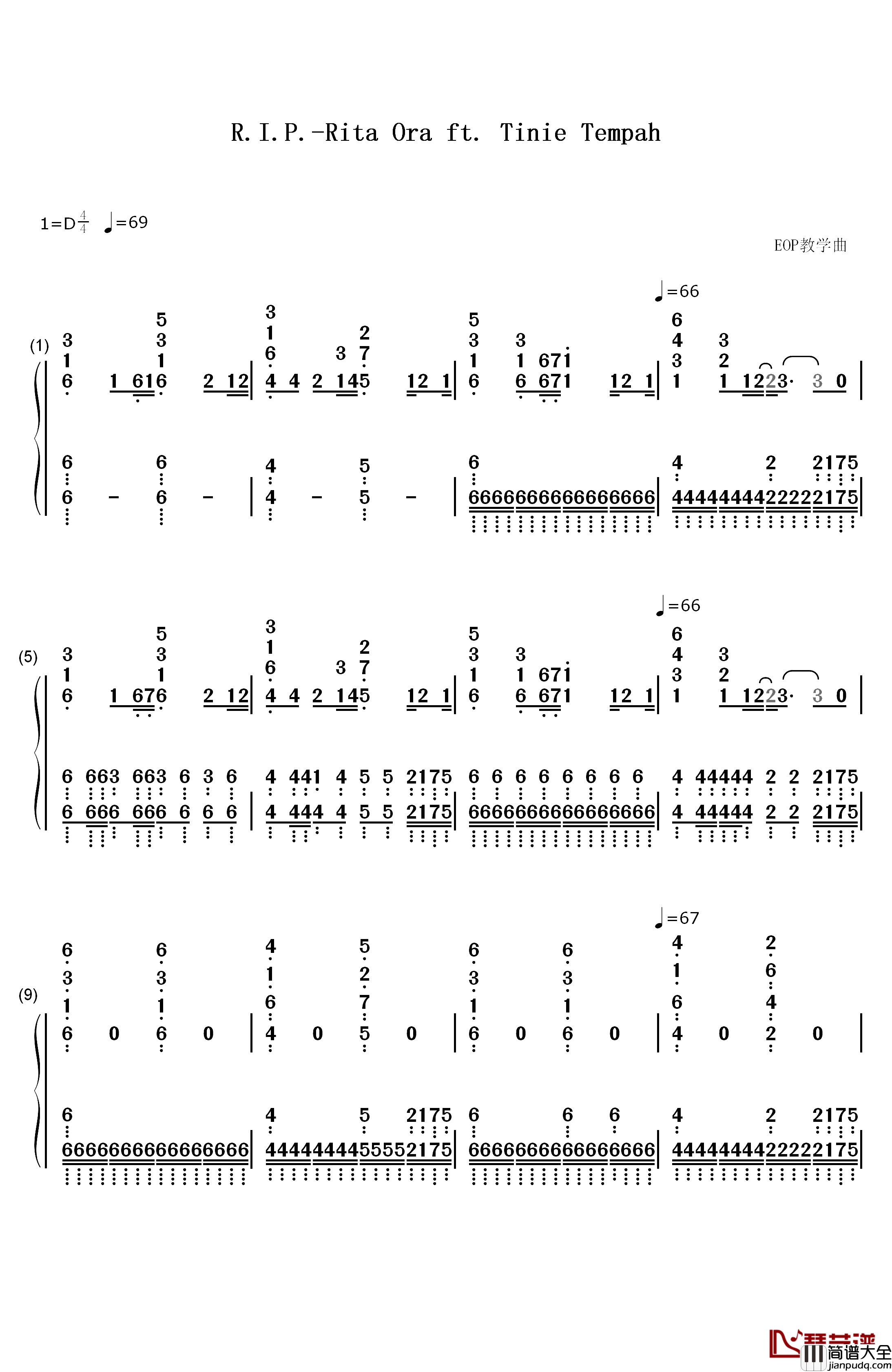 R.I.P.钢琴简谱_数字双手_Rita_Ora_ft._Tinie_Tempah