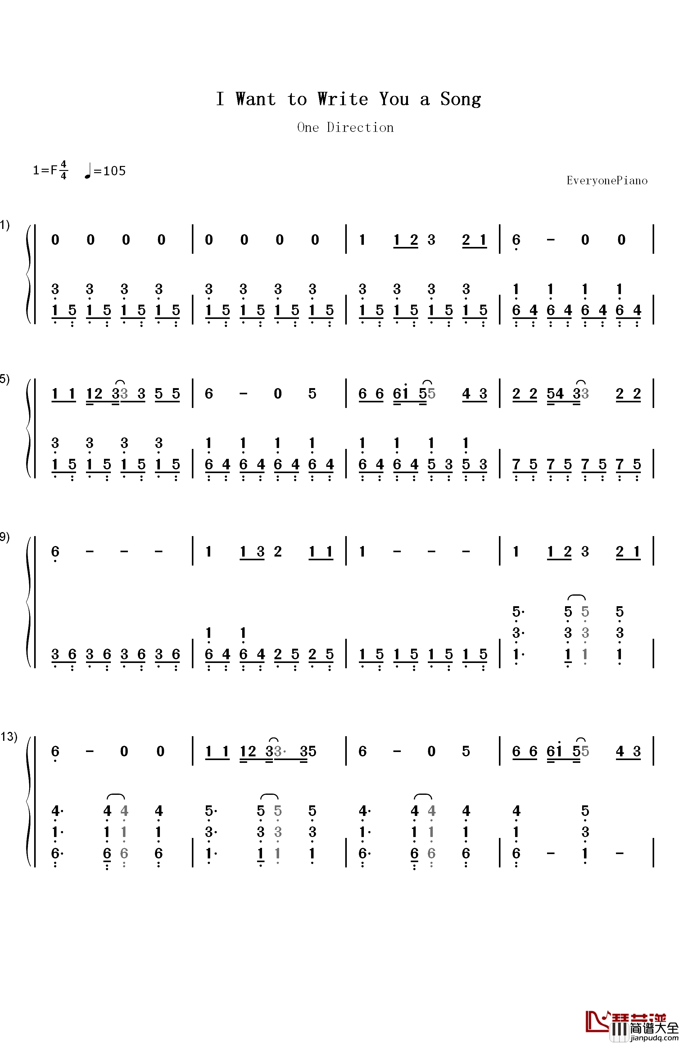 I_Want_to_Write_You_a_Song钢琴简谱_数字双手_One_Direction