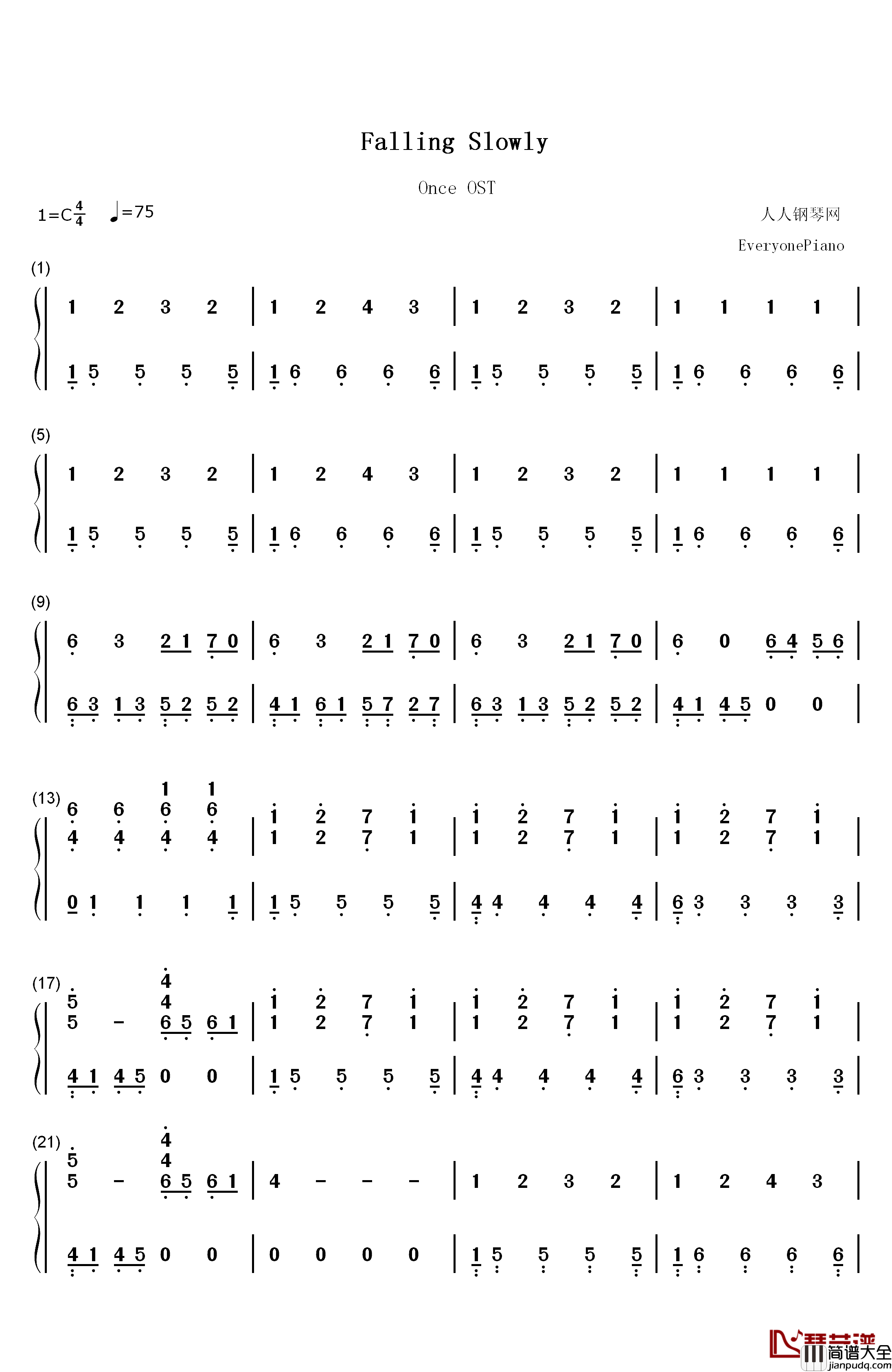Falling_Slowly钢琴简谱_数字双手_格伦·汉塞德__玛可塔·伊尔格洛娃