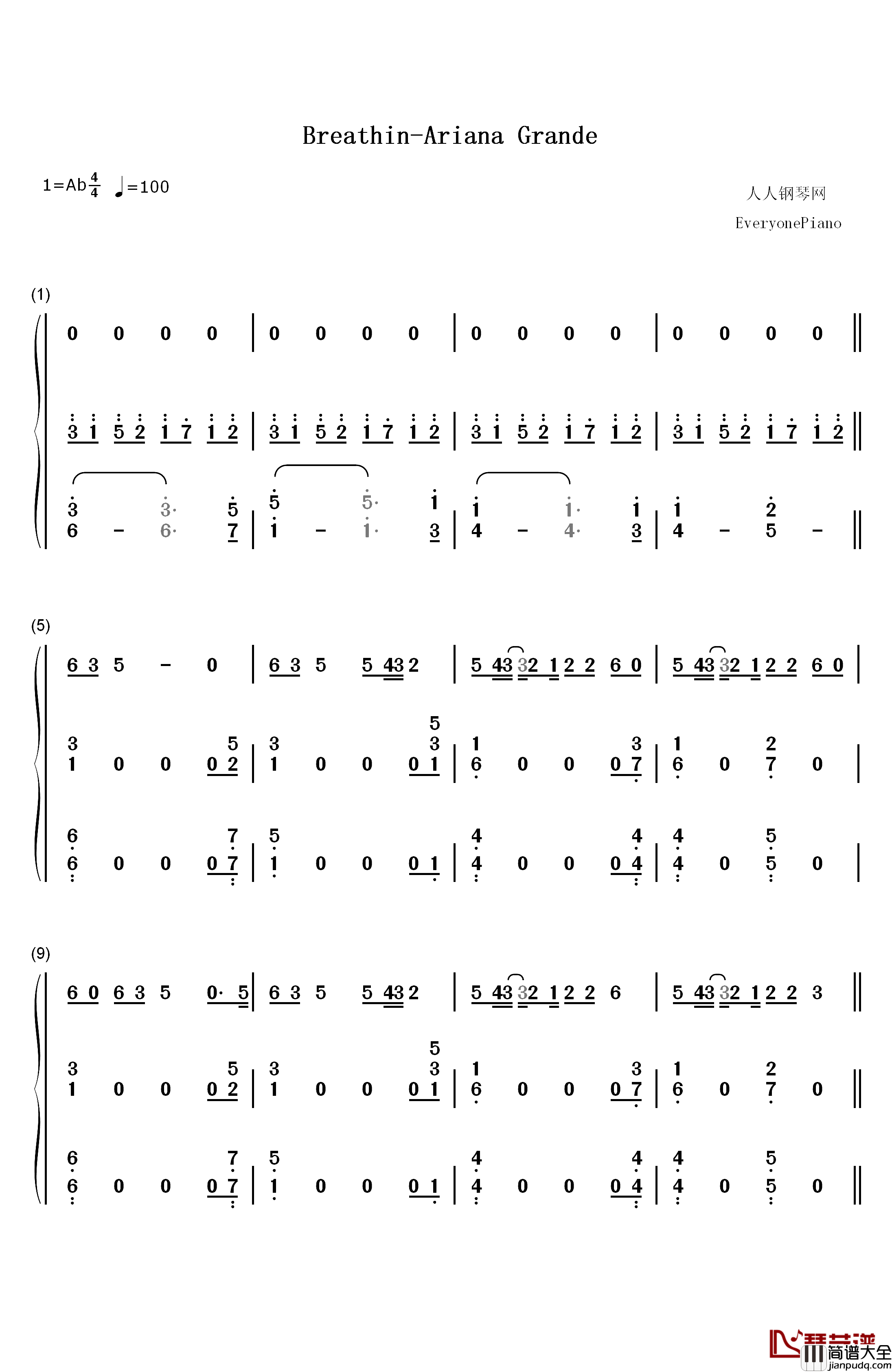 Breathin钢琴简谱_数字双手_Ariana_Grande
