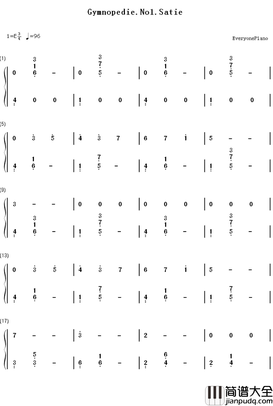 Gymnopedie_No1.钢琴简谱_数字双手_Erik_Satie