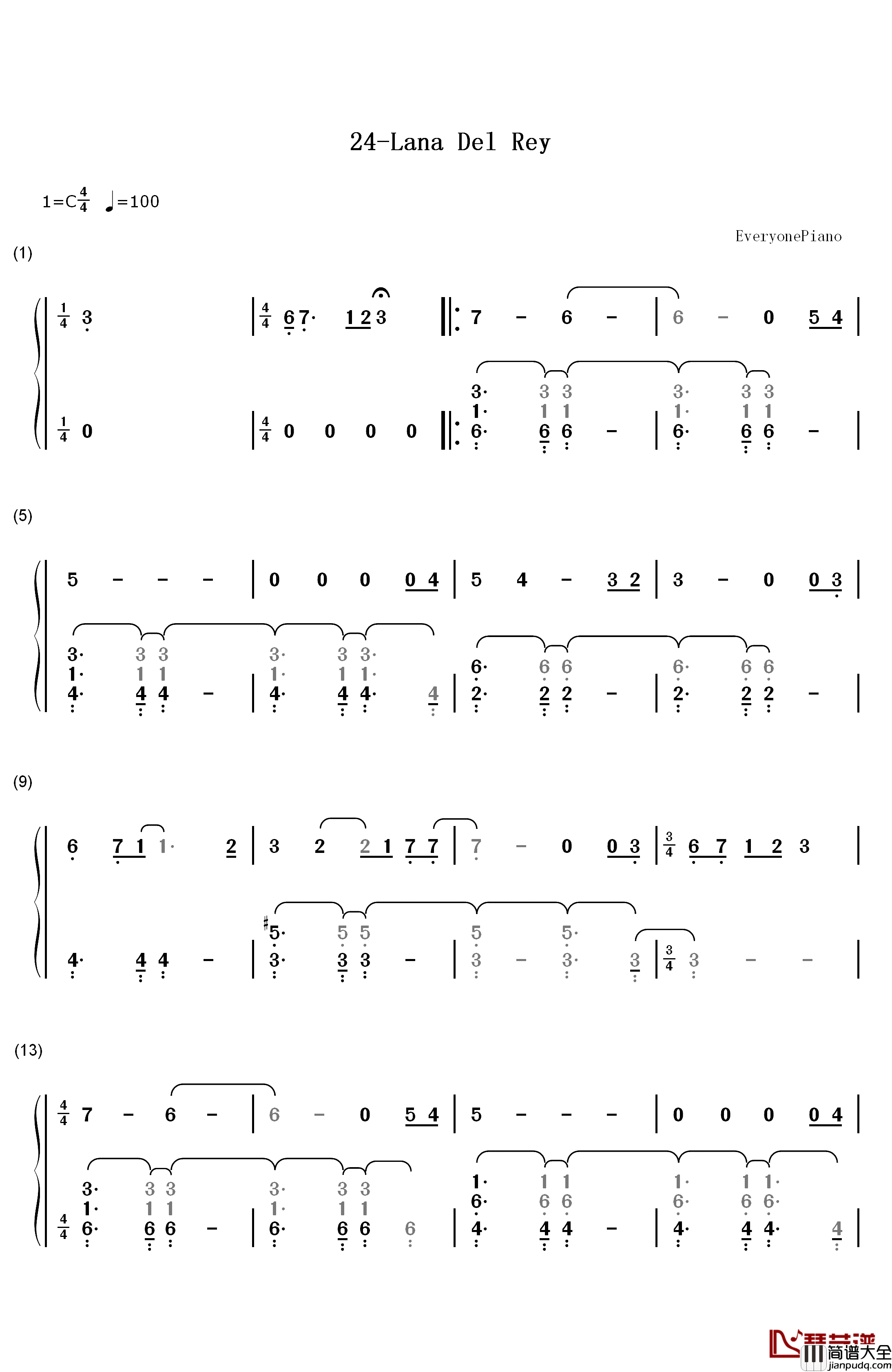 24钢琴简谱_数字双手_Lana_Del_Rey