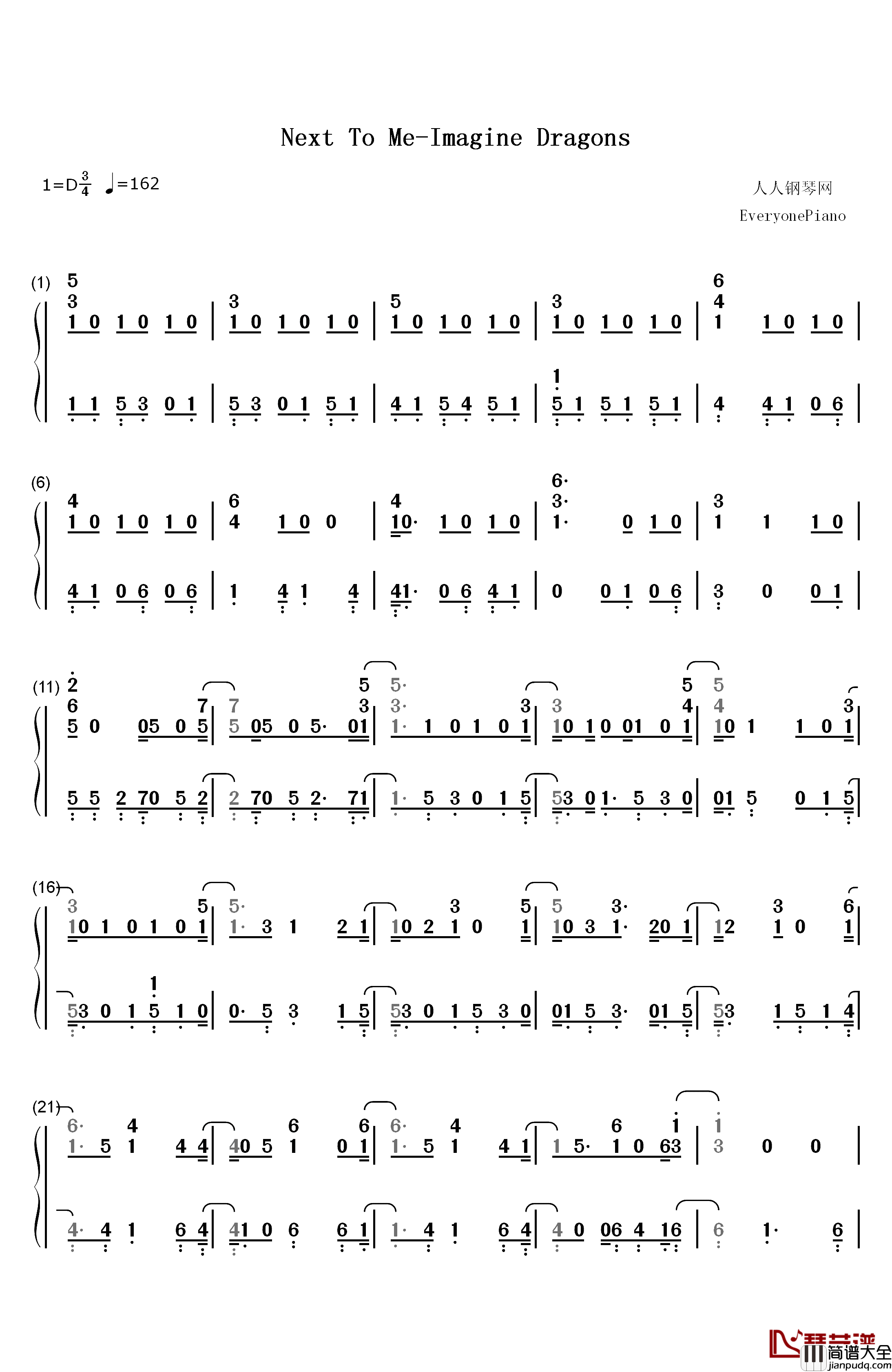 Next_to_Me钢琴简谱_数字双手_Imagine_Dragons