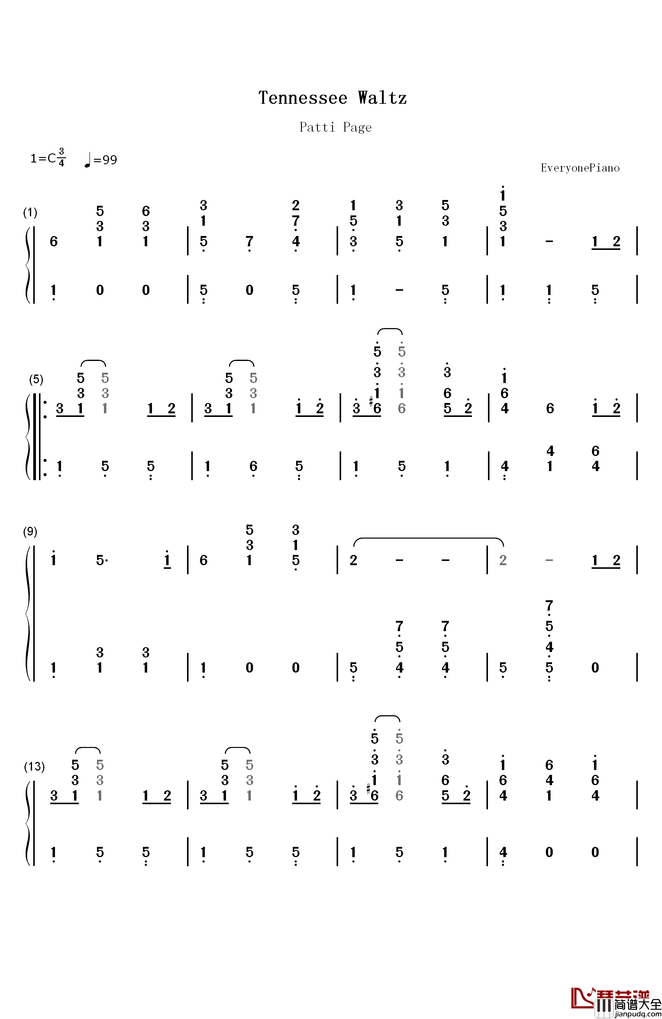 Tennessee_Waltz钢琴简谱_数字双手_Patti_Page