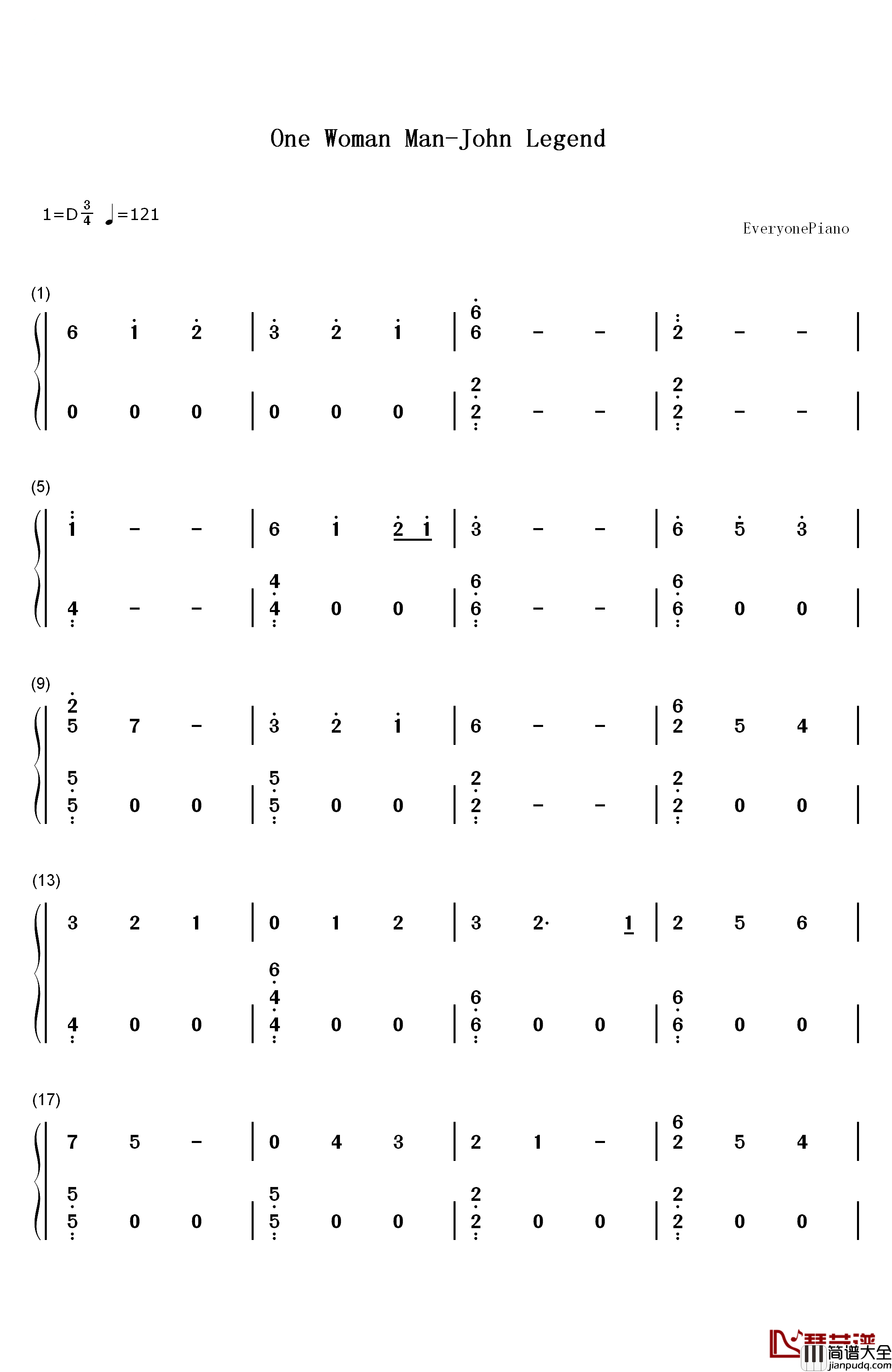 One_Woman_Man钢琴简谱_数字双手_John_Legend