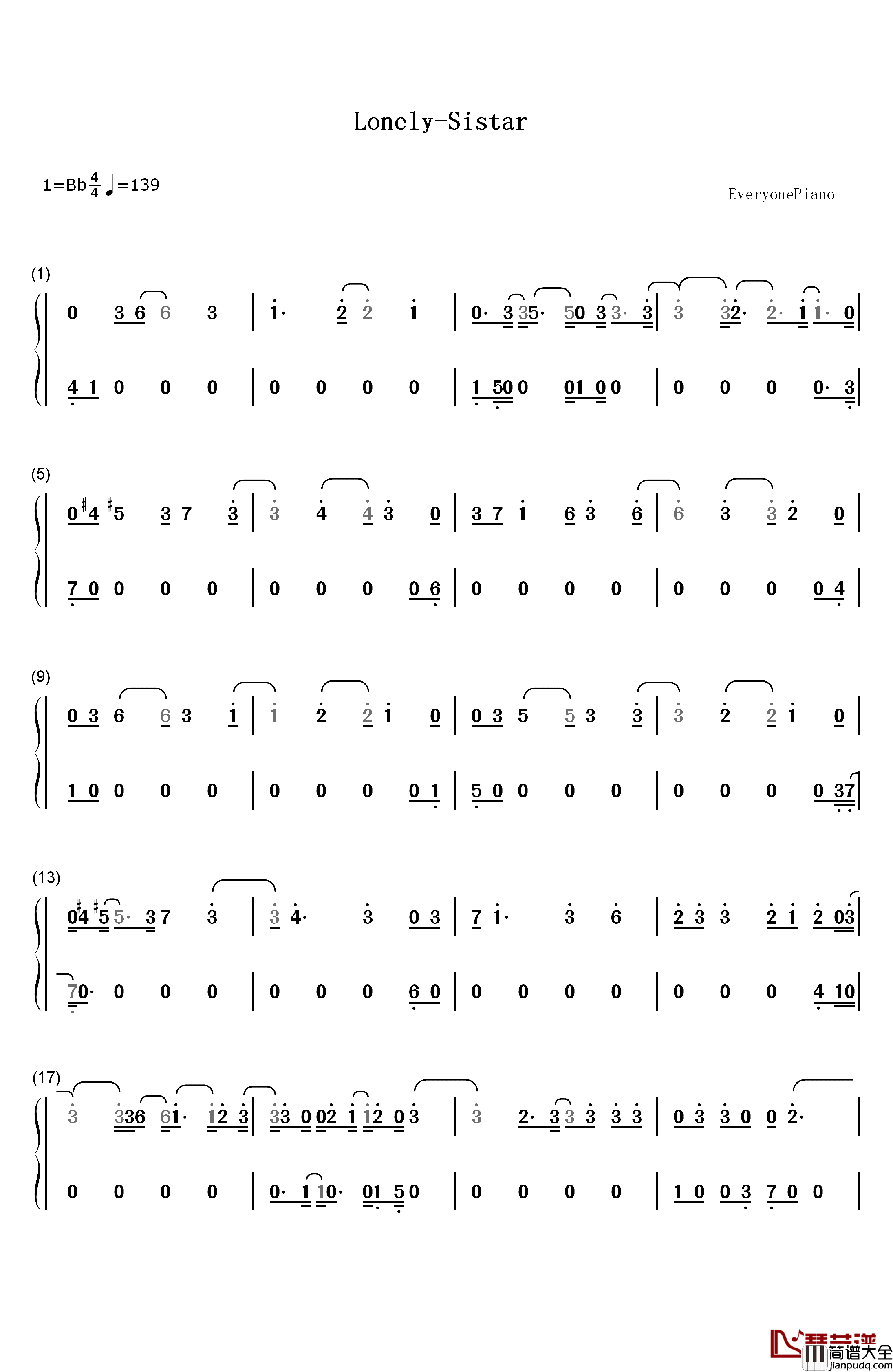 Lonely钢琴简谱_数字双手_Sistar