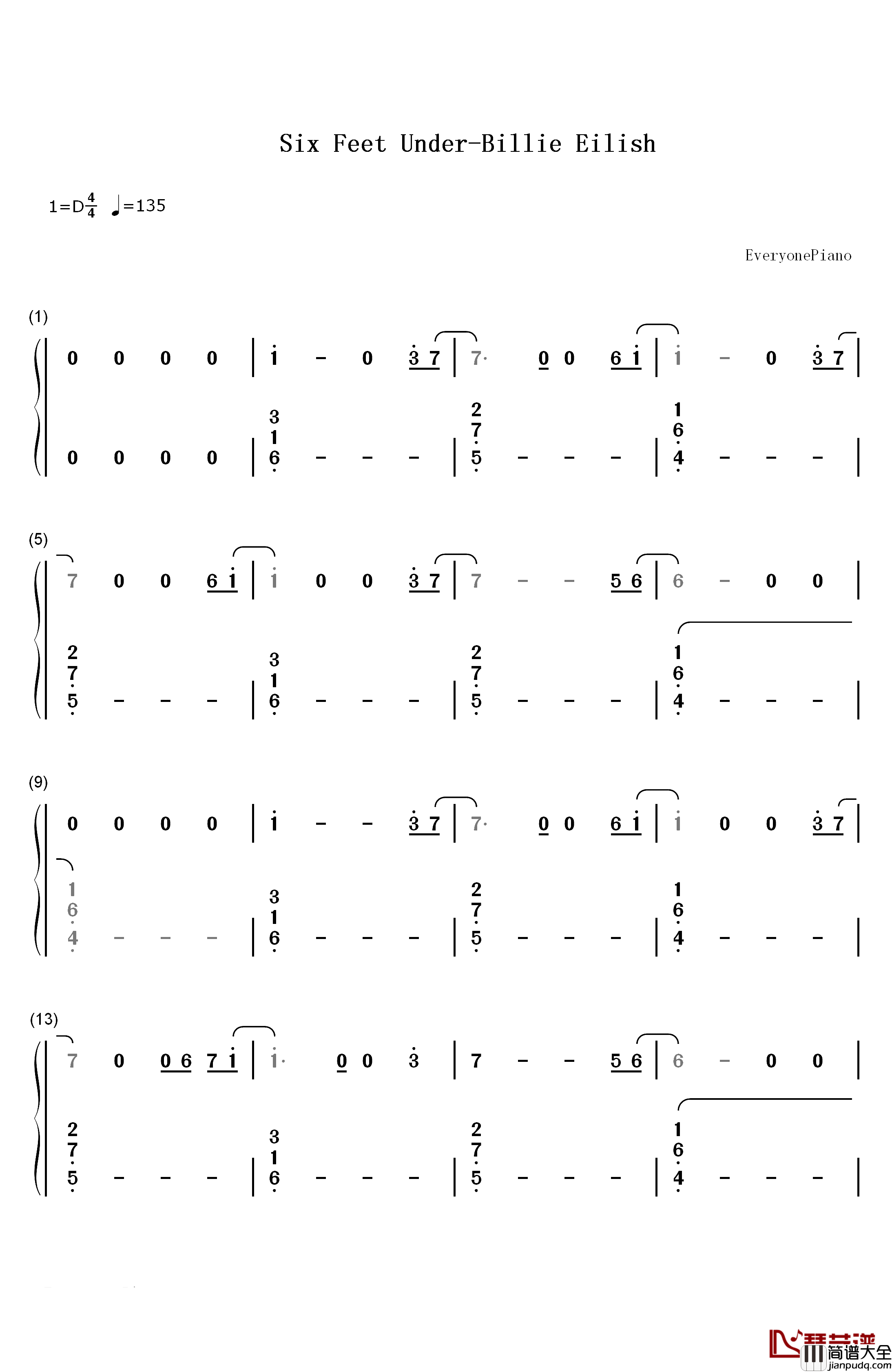 Six_Feet_Under钢琴简谱_数字双手_Billie_Eilish
