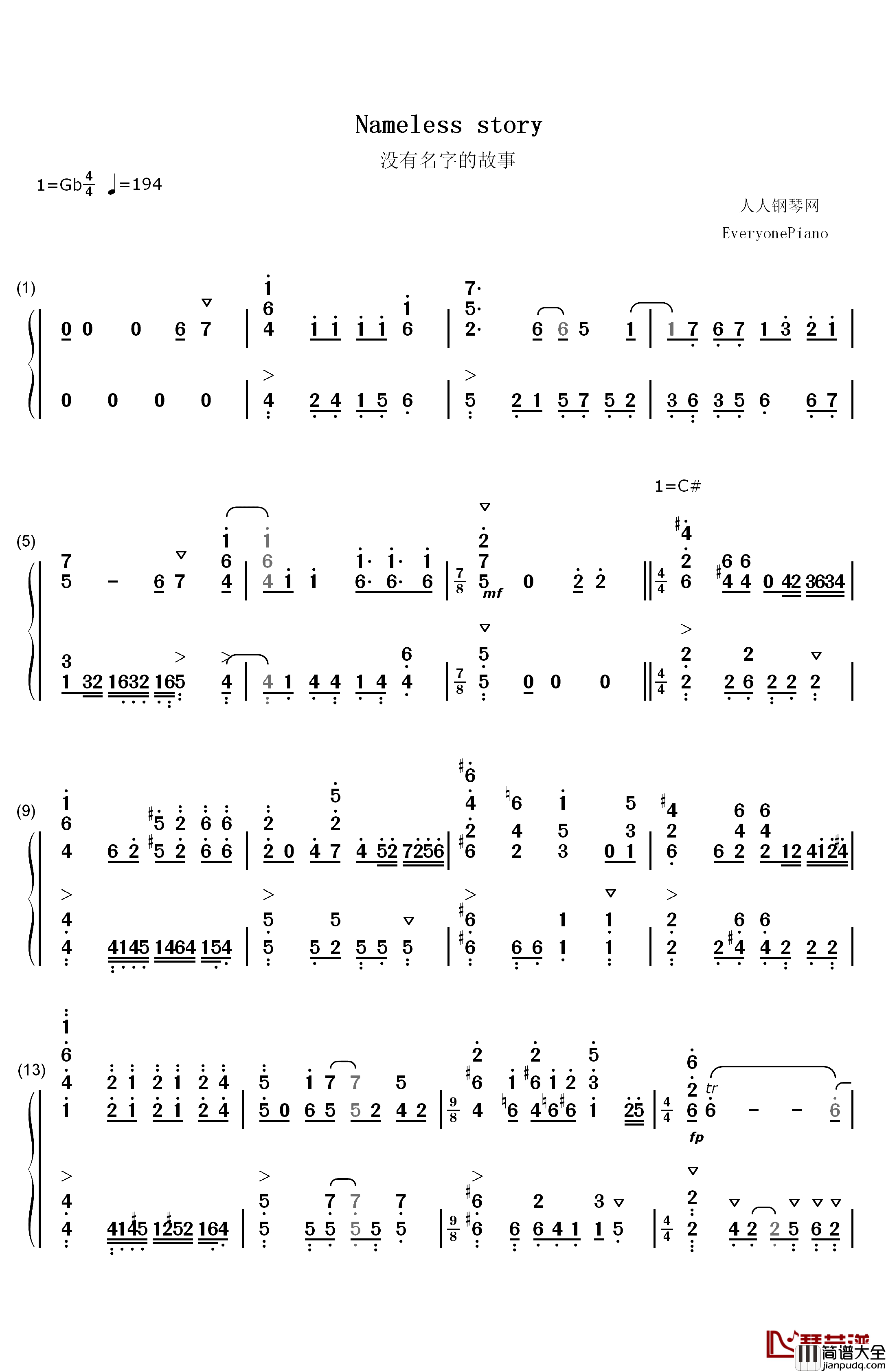 Nameless_Story钢琴简谱_数字双手_寺岛拓笃