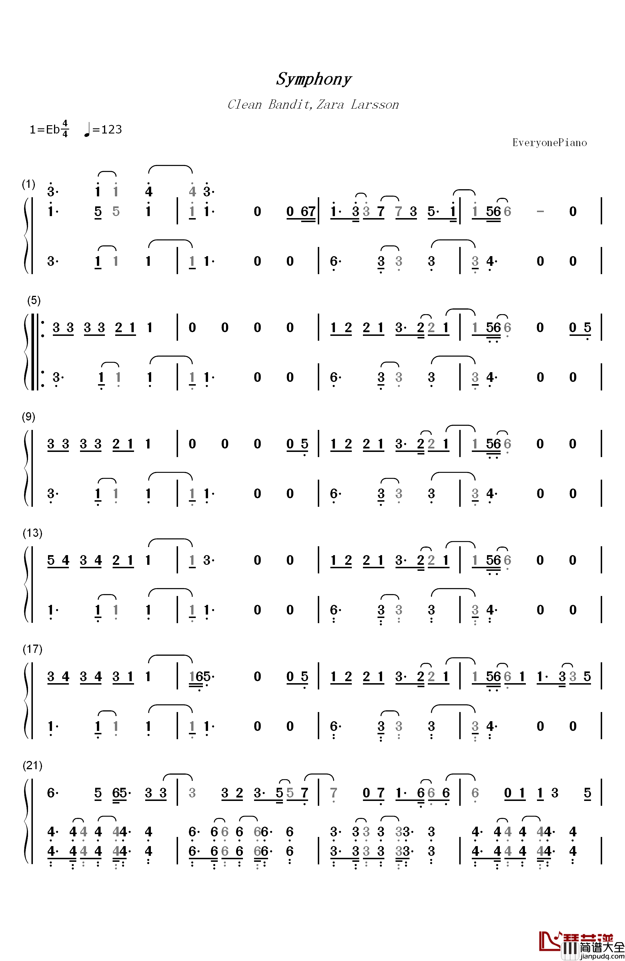 Symphony钢琴简谱_数字双手_Clean_Bandit_Zara_Larsson