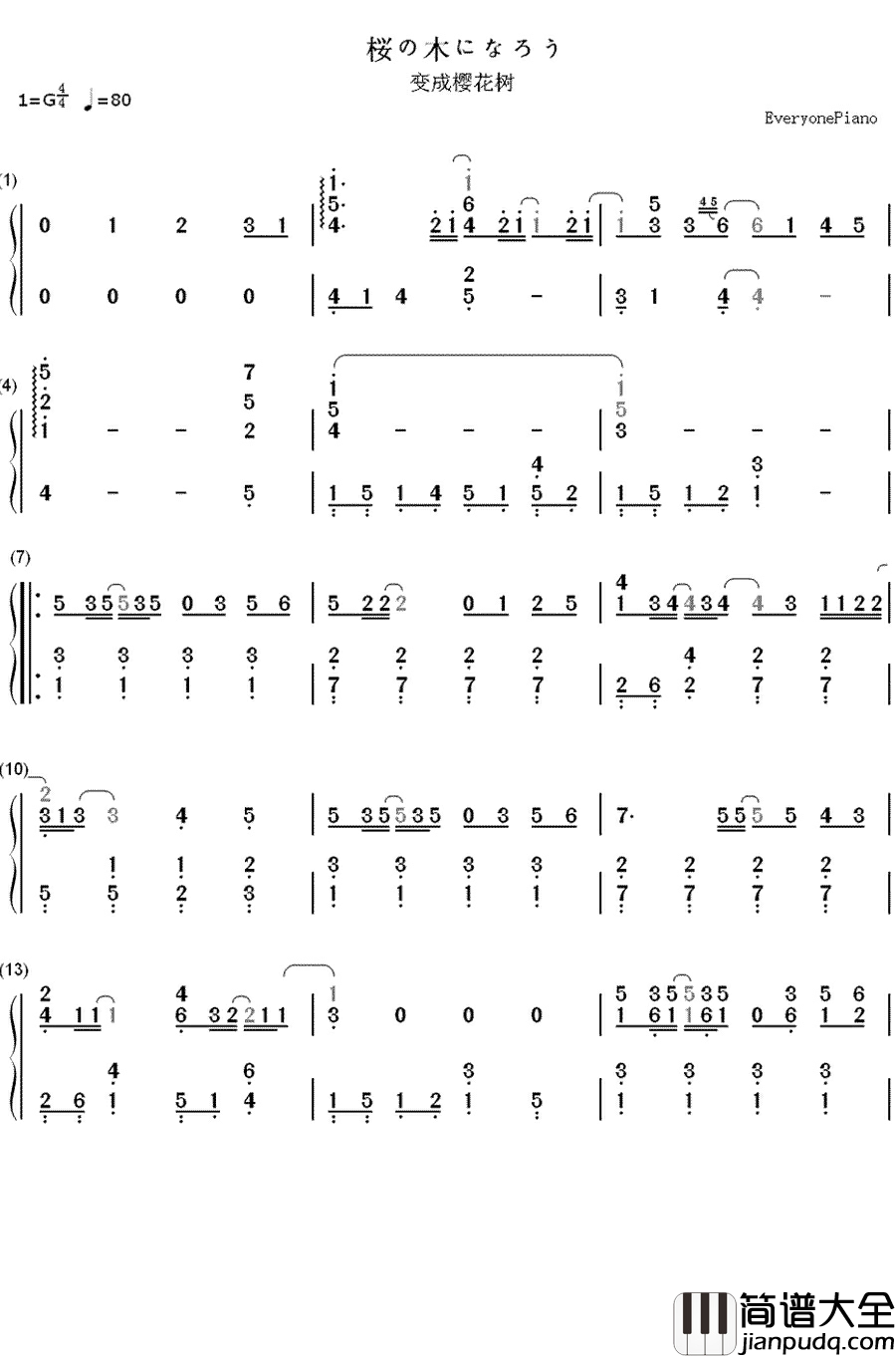 变成樱花树（桜の木になろう）钢琴简谱_数字双手_AKB48