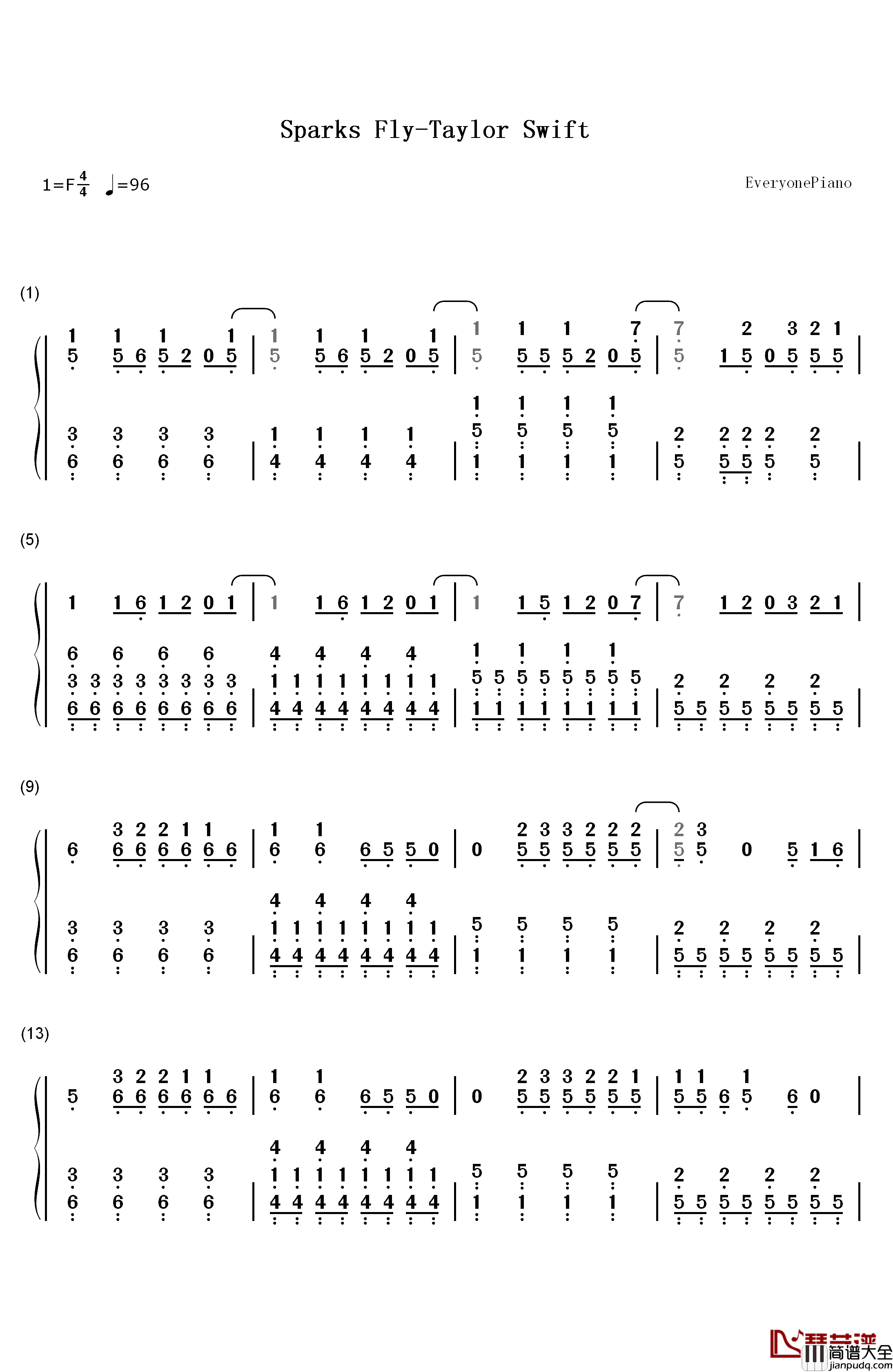 Sparks_Fly钢琴简谱_数字双手_Taylor_Swift