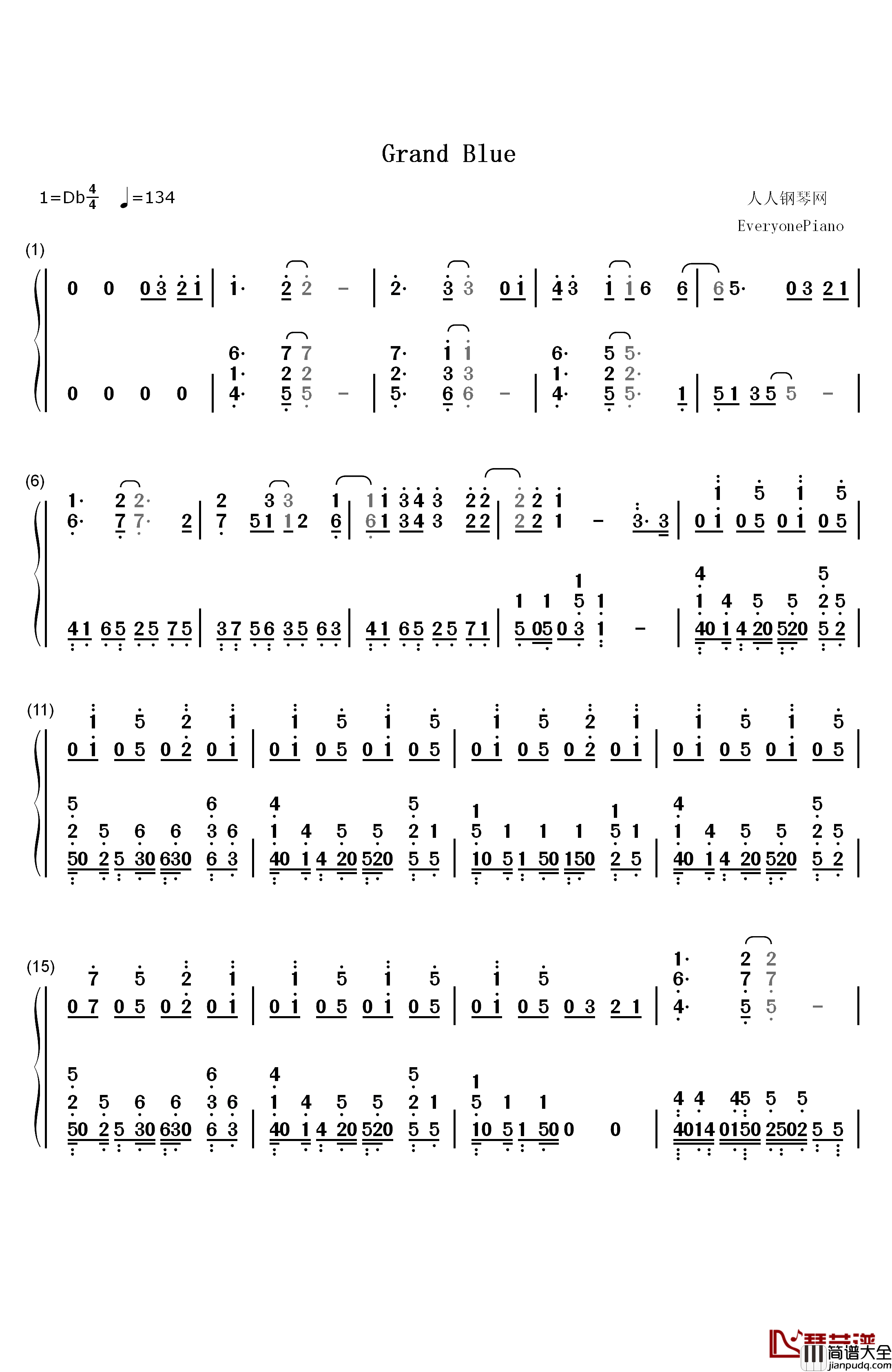 Grand_Blue钢琴简谱_数字双手_湘南乃风