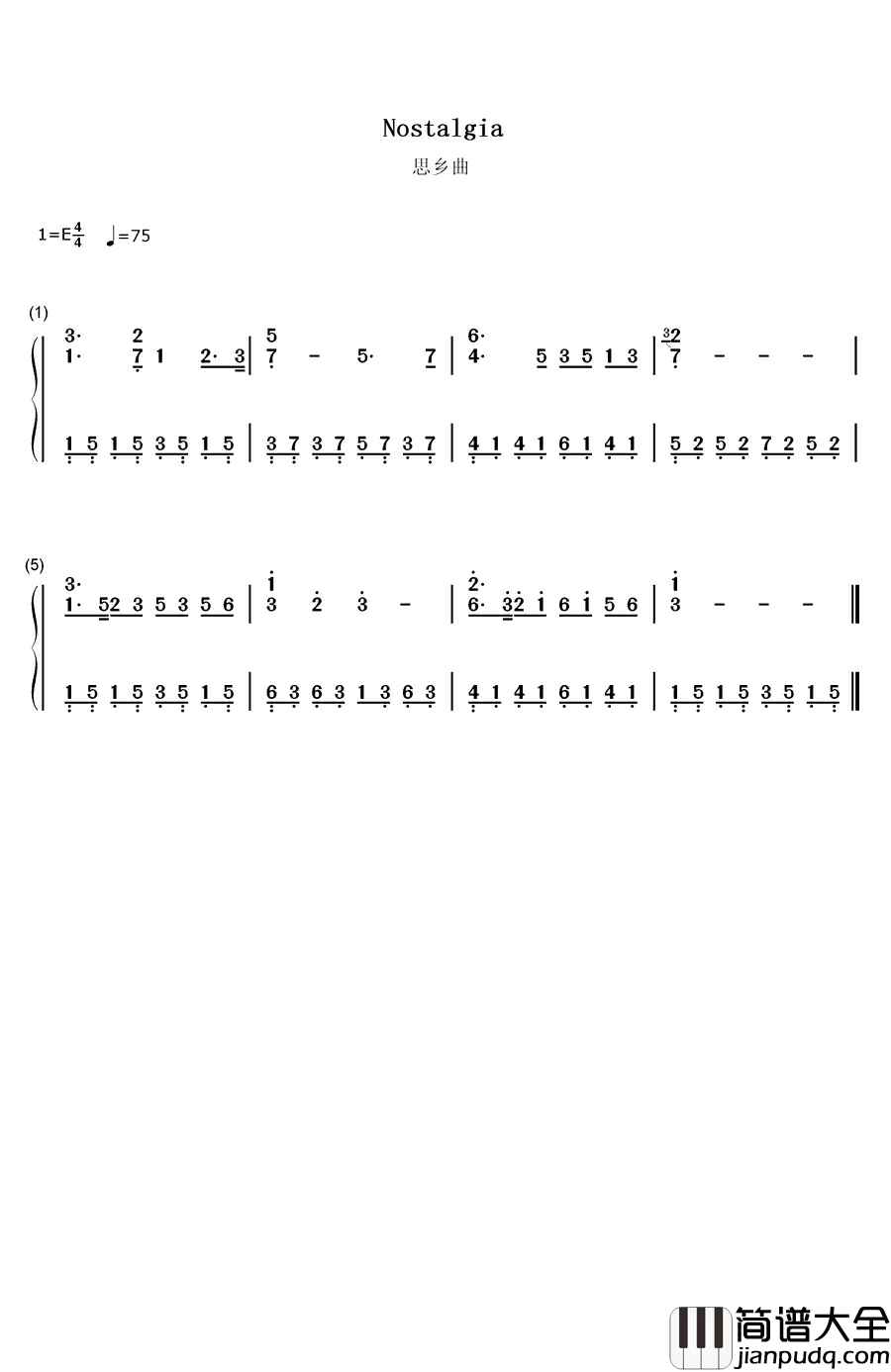 思乡曲钢琴简谱_数字双手_夏之秋