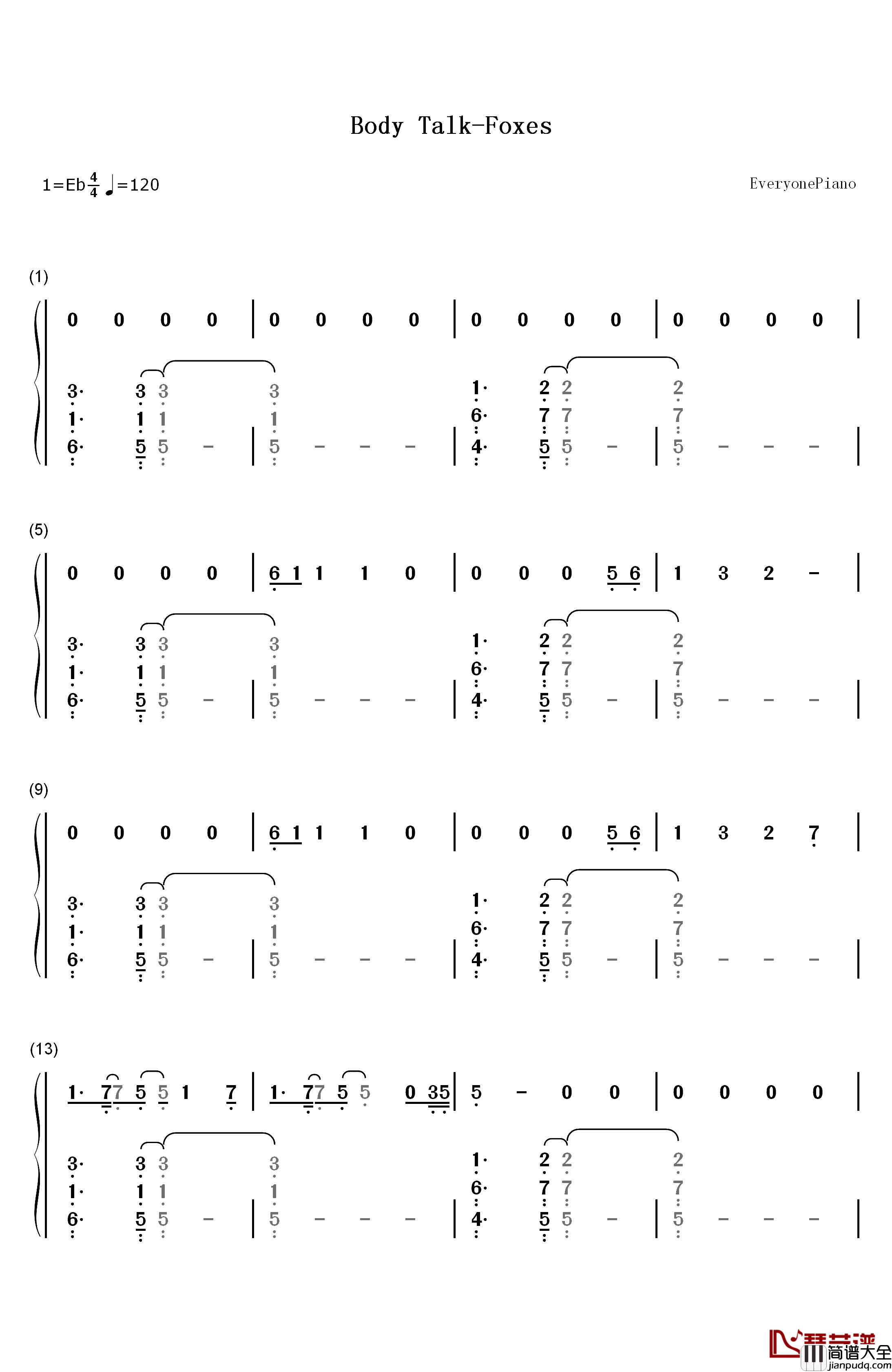 Body_Talk钢琴简谱_数字双手_Foxes