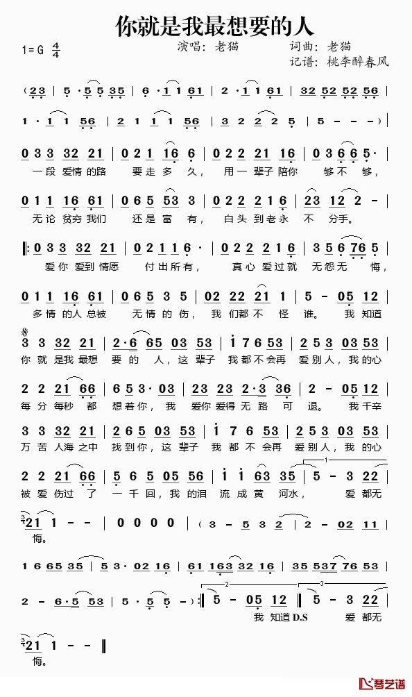 你就是我最想要的人简谱(歌词)_老猫演唱_桃李醉春风记谱