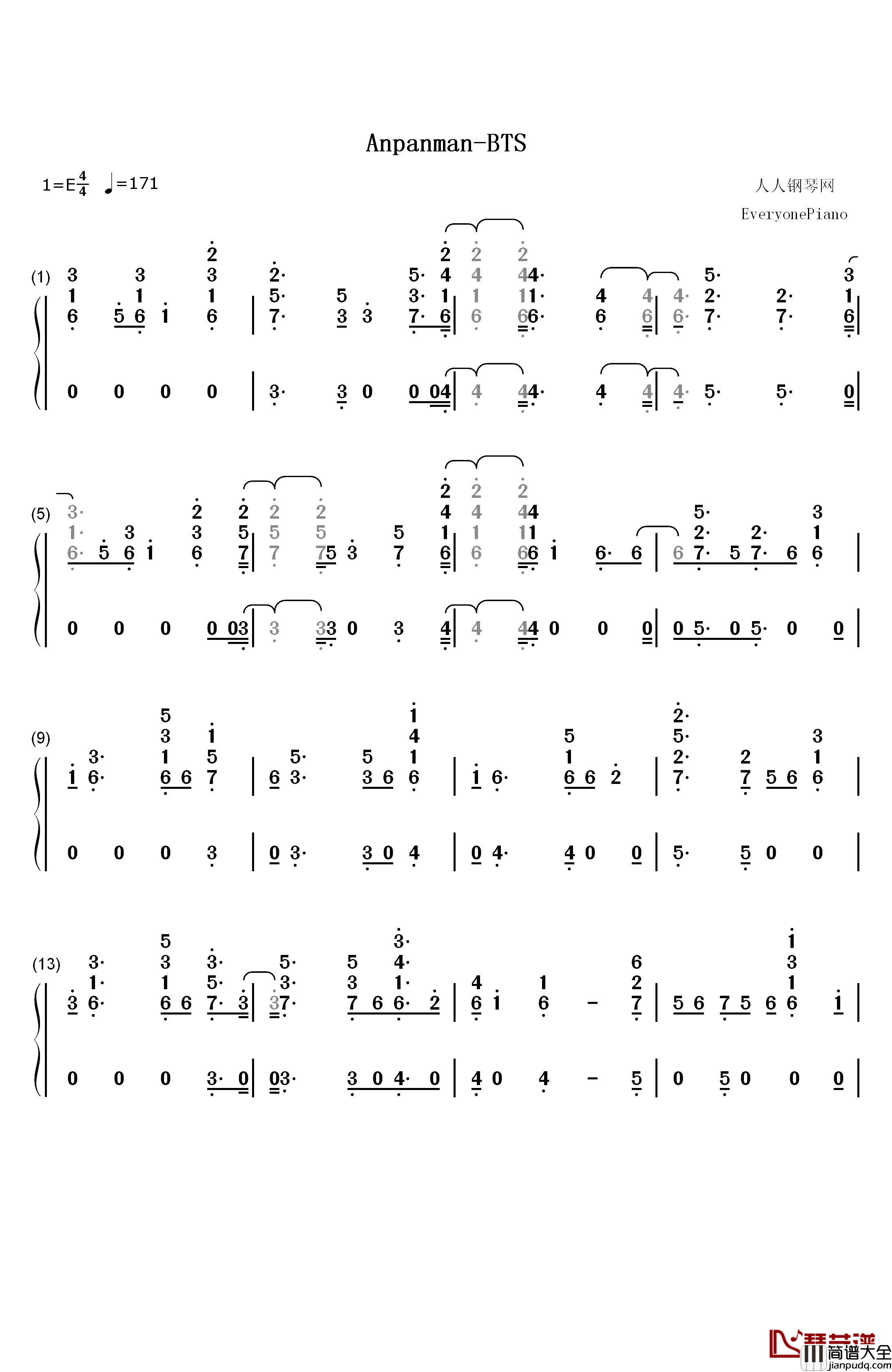 Anpanman钢琴简谱_数字双手_防弹少年团