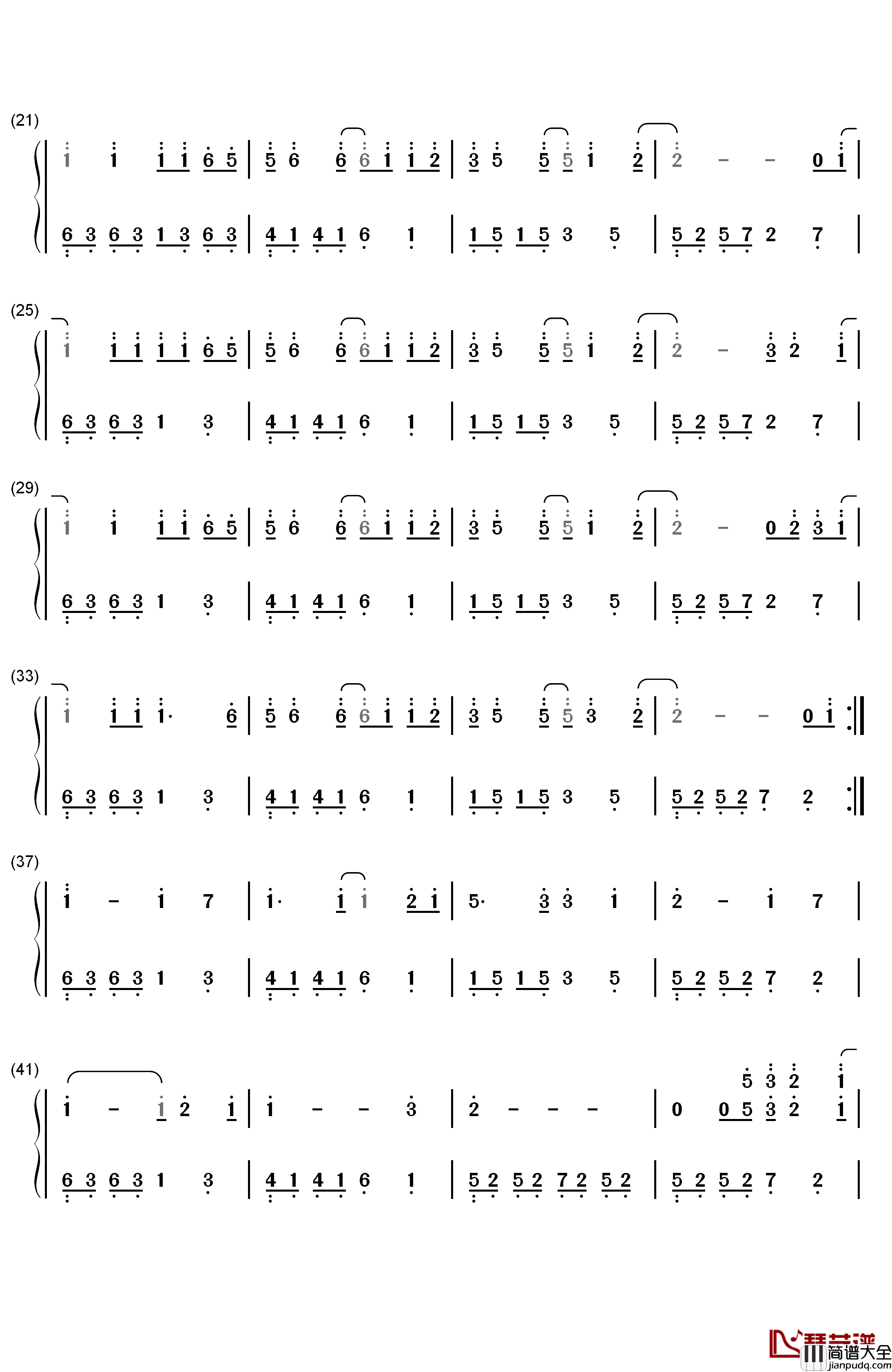 夜空中最亮的星钢琴简谱_数字双手_逃跑计划