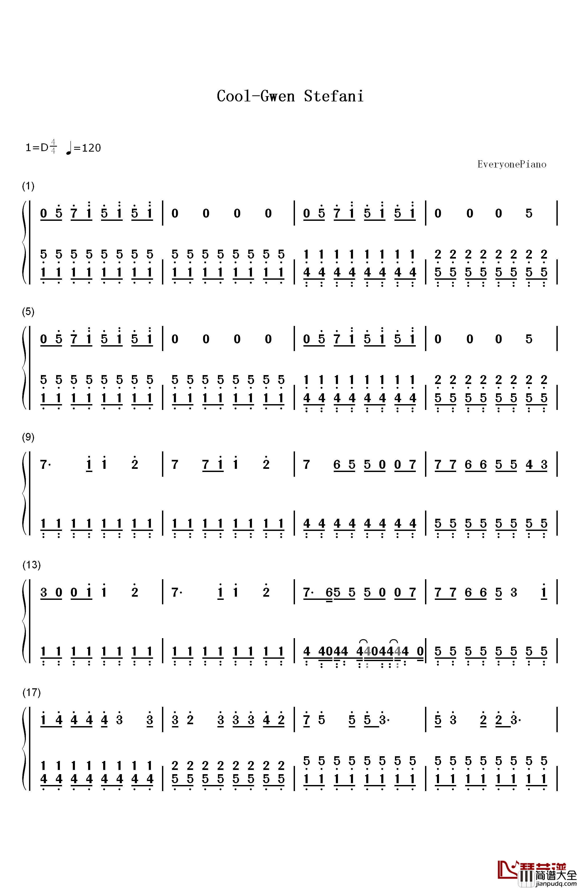 Cool钢琴简谱_数字双手_Gwen_Stefani
