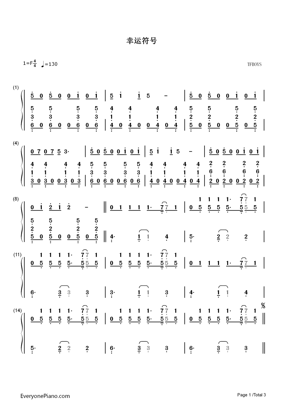 幸运符号钢琴简谱_数字双手_TFBOYS