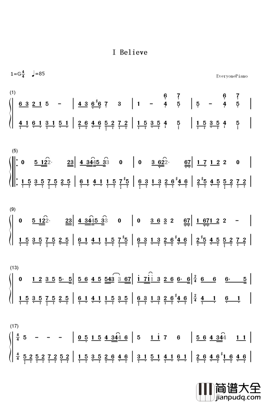I_Believe钢琴简谱_数字双手_申升勋