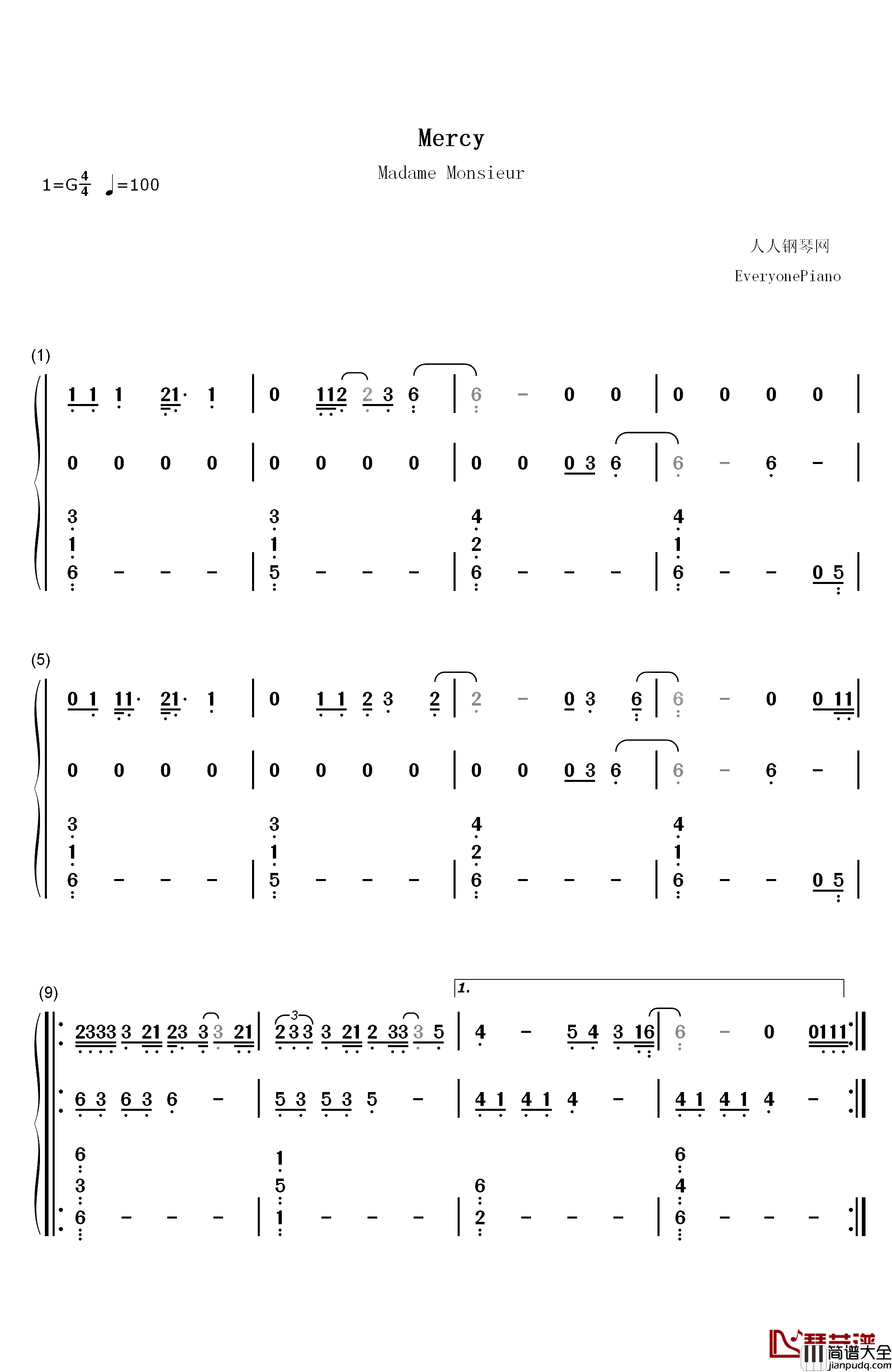Mercy钢琴简谱_数字双手_Madame_Monsieur