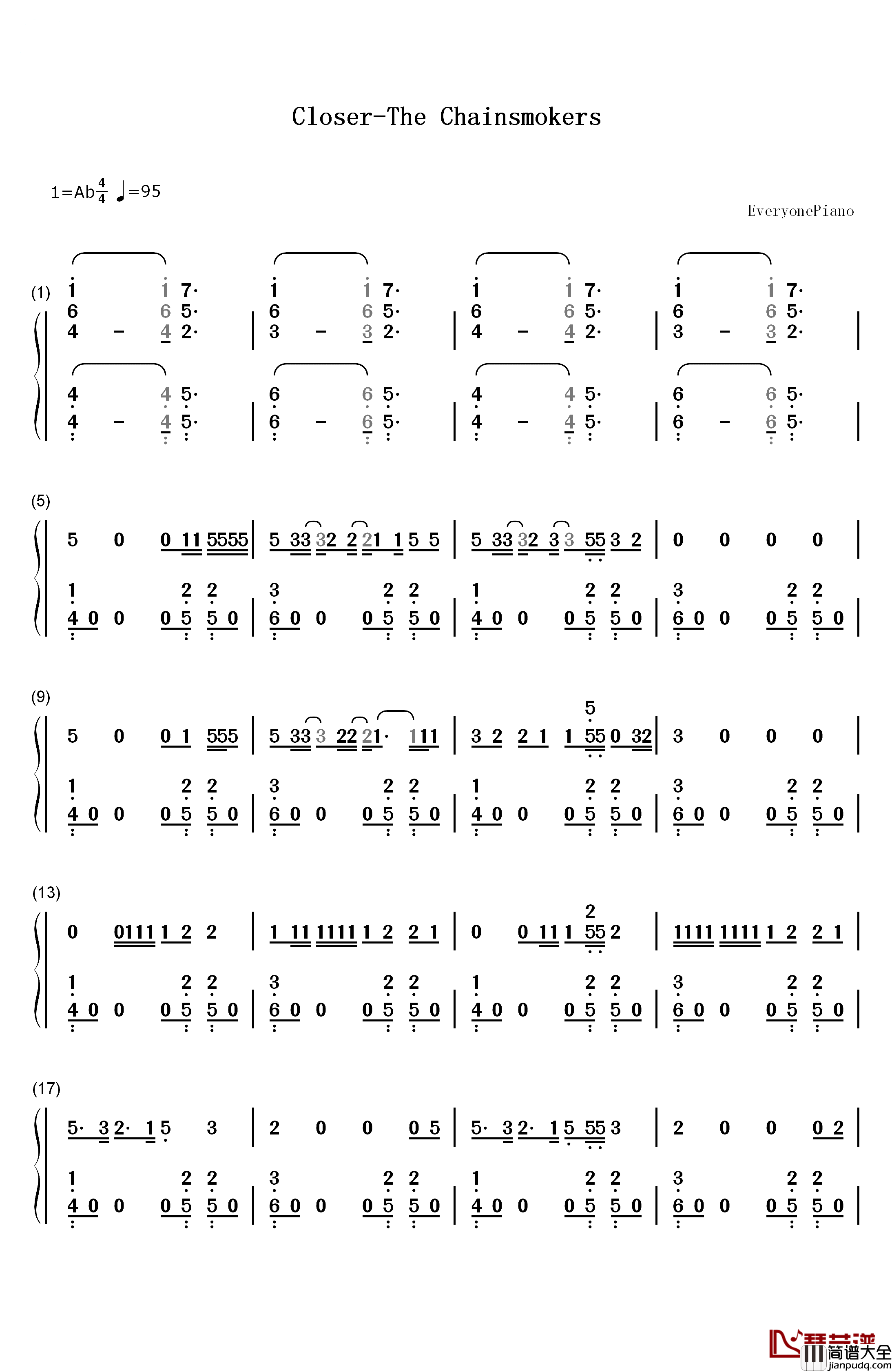 Closer钢琴简谱_数字双手_The_Chainsmokers