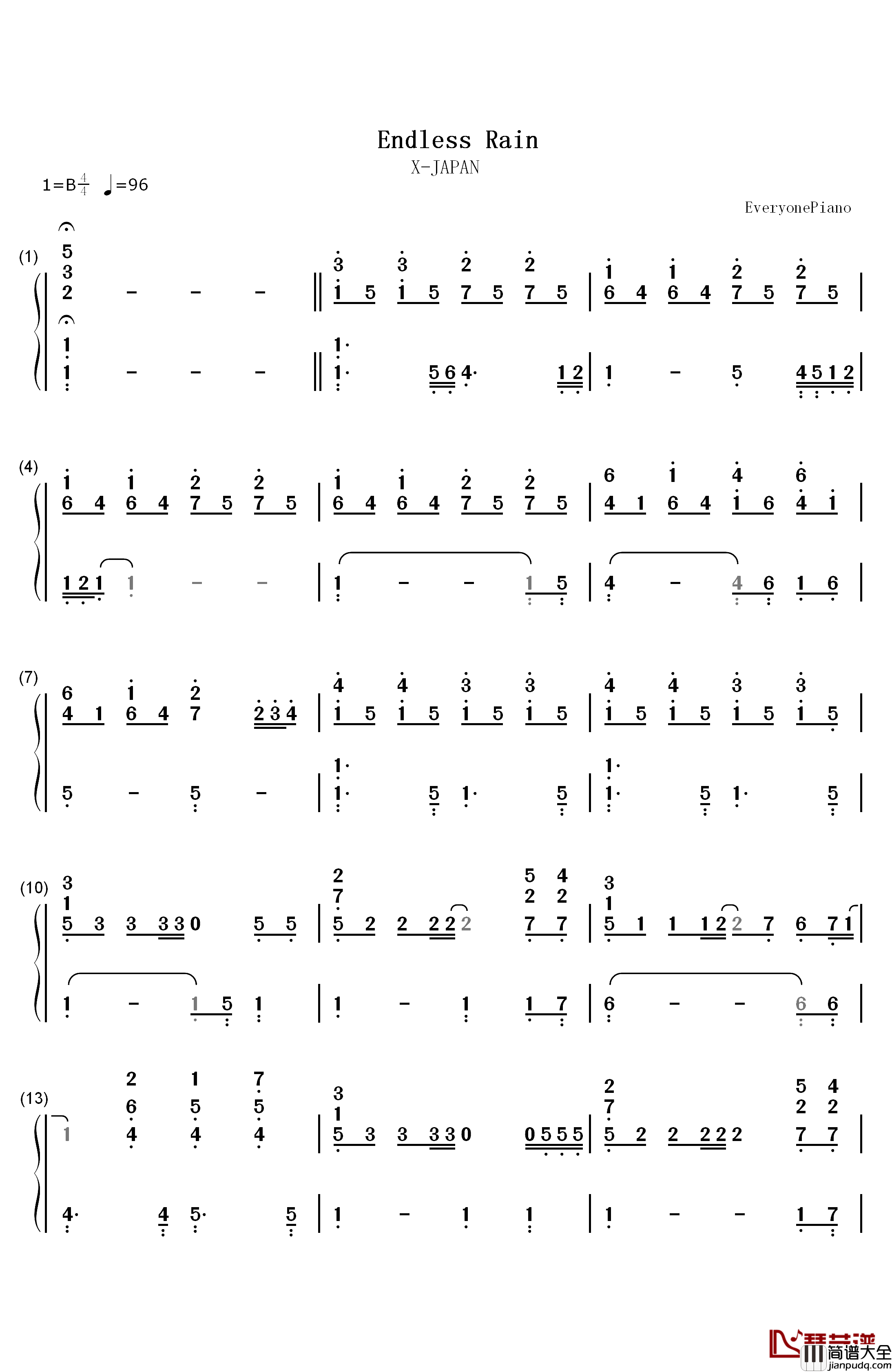 Endless_Rain钢琴简谱_数字双手_X_JAPAN