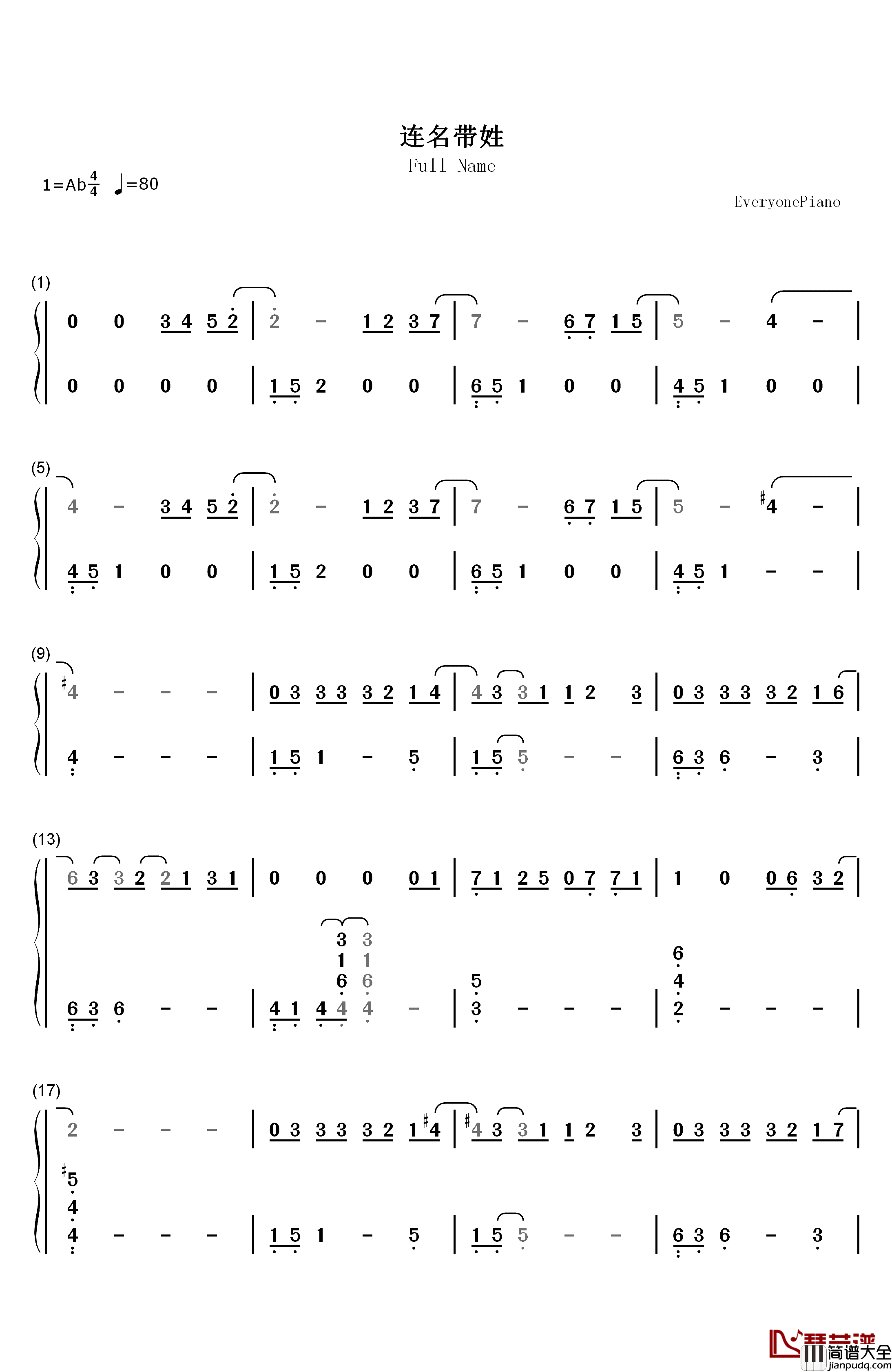 连名带姓钢琴简谱_数字双手_张惠妹